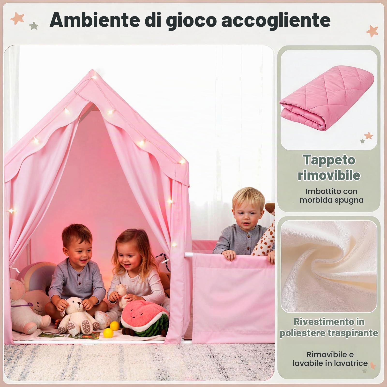 HOMASIS 2 in 1 Tenda per Bambini da Interno con Recinto, Parco Giochi con Finestre, Luci Stellari e Tappeto, per Bambini di 3+ Anni, 177 x 97 x 136 cm (Rosa)
