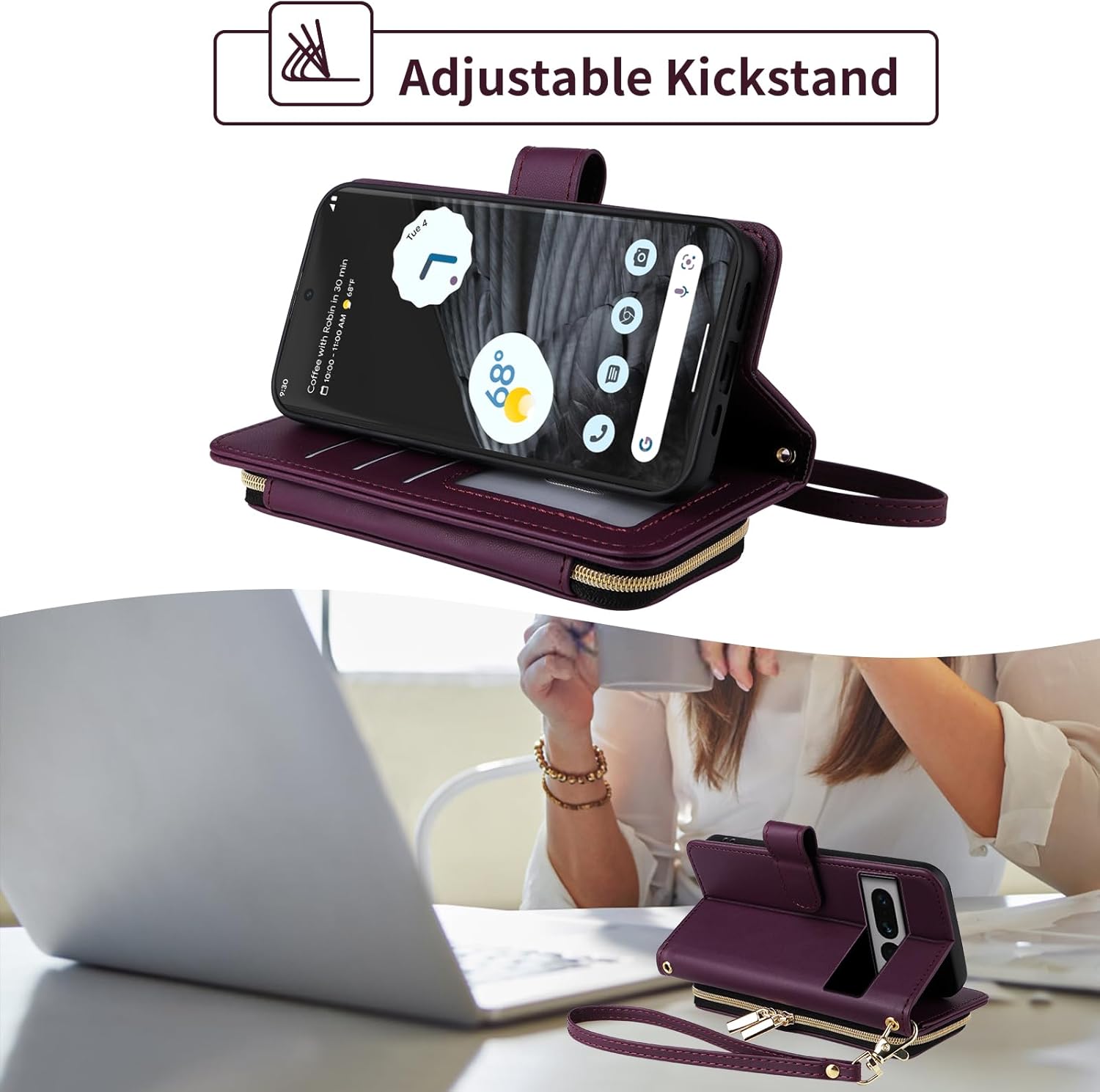 Wallet Case for Google Pixel 7 Pro 5G with Wrist Strap, Crossbody Shoulder Strap, Luxury PU Leather Stand Cell Phone Cover with 9+ Card Slots for Pixel7Pro Pixel7 XL Seven 7Pro 6.7 Deep Purple