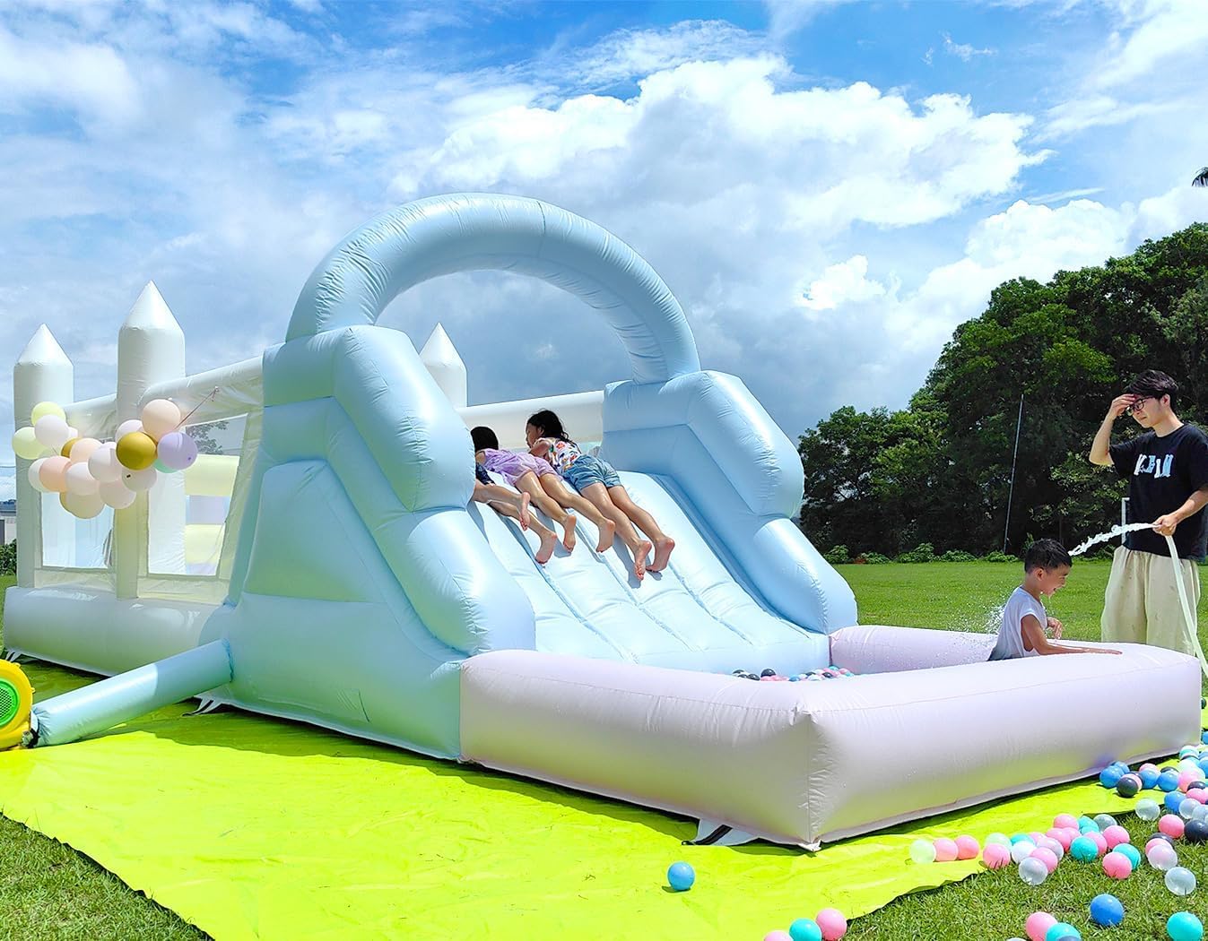 24FT Commercial Grade Inflatable Obstacle Course and 25FT Commercial Grade White Bounce House Obstacle Course
