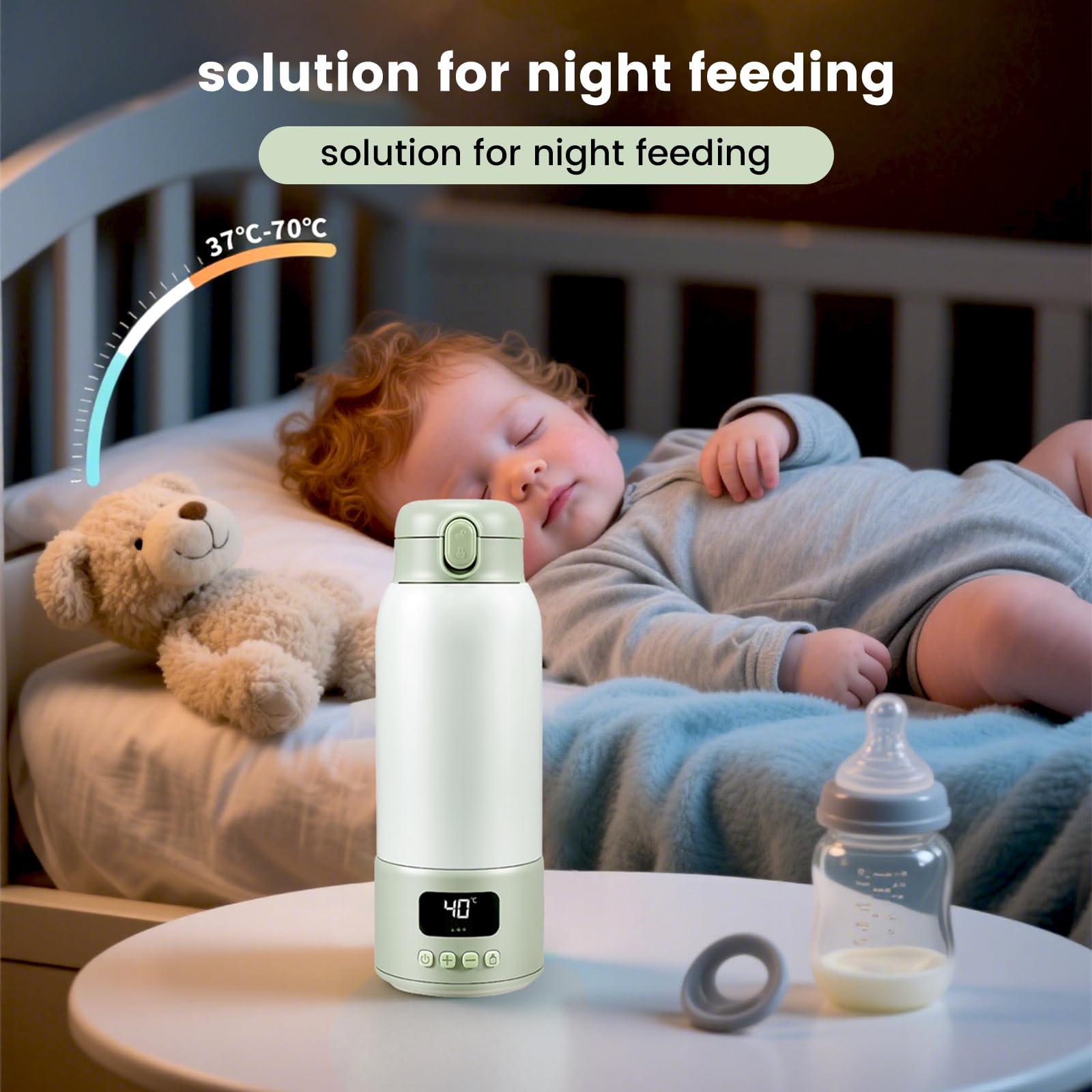 Scaldabiberon Portatile per Bambino Capacità 500ml, Ricaricabile Scalda Biberon Neonato Temperatura Regolabile da 37 a 70°C, Termos da Viaggio con Display a Temperatura Digitale a LED, Senza BPA
