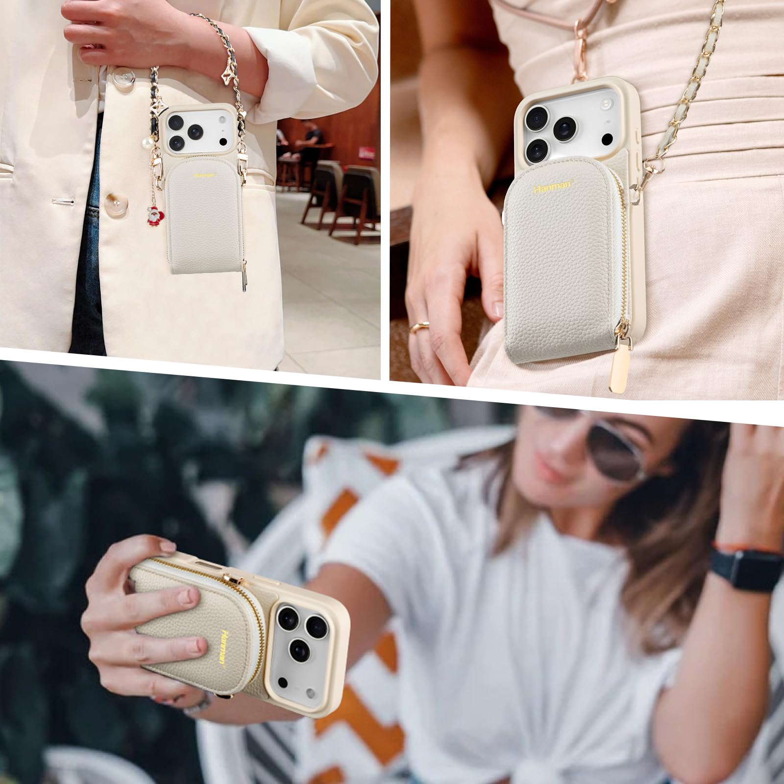Hanman Funda tipo cartera cruzada para iPhone 17 Pro, piel sintética con bloqueo RFID, cierre de cremallera, adecuada para iPhone 17 Pro, funda de piel sintética de microfibra para mujeres y niñas