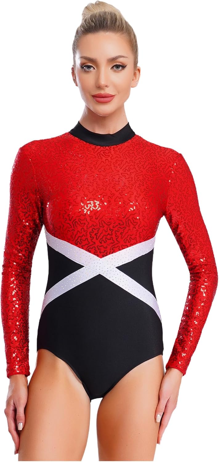 YiZYiF Womens Gymnastics Leotards Long Sleeve Sequin Ballet Dance Performance Unitards Bodysuit