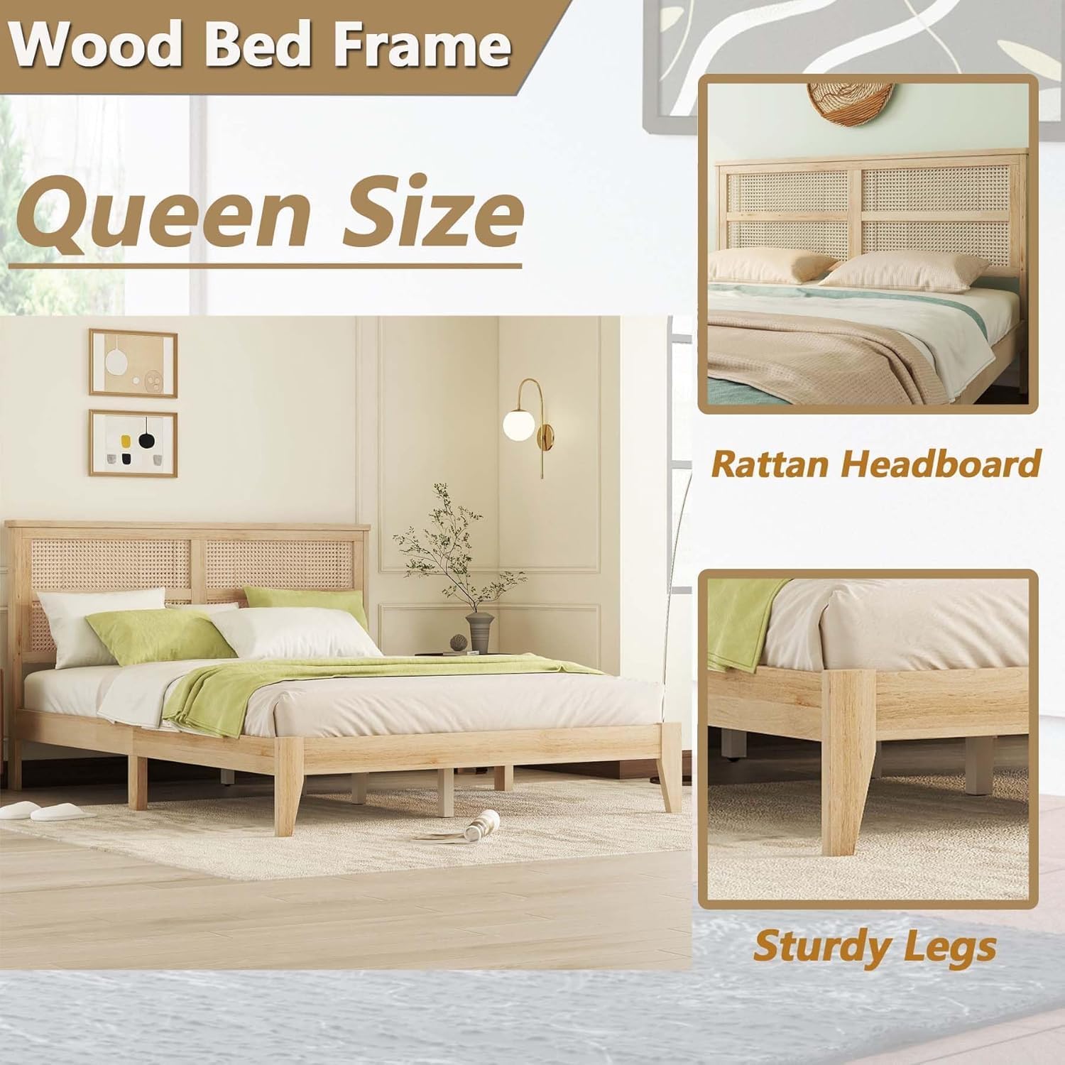 Queen Size Rattan Bed Frame with Storage, White Oak