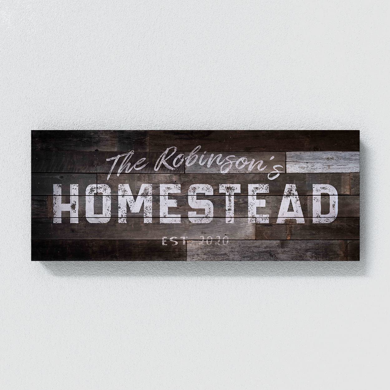 Cartel personalizado de madera más oscuro Homestead con nombre familiar, lienzo personalizado, arte de granja, porche, patio, apellido establecido, decoración del hogar, arte de pared, pintura XL 60