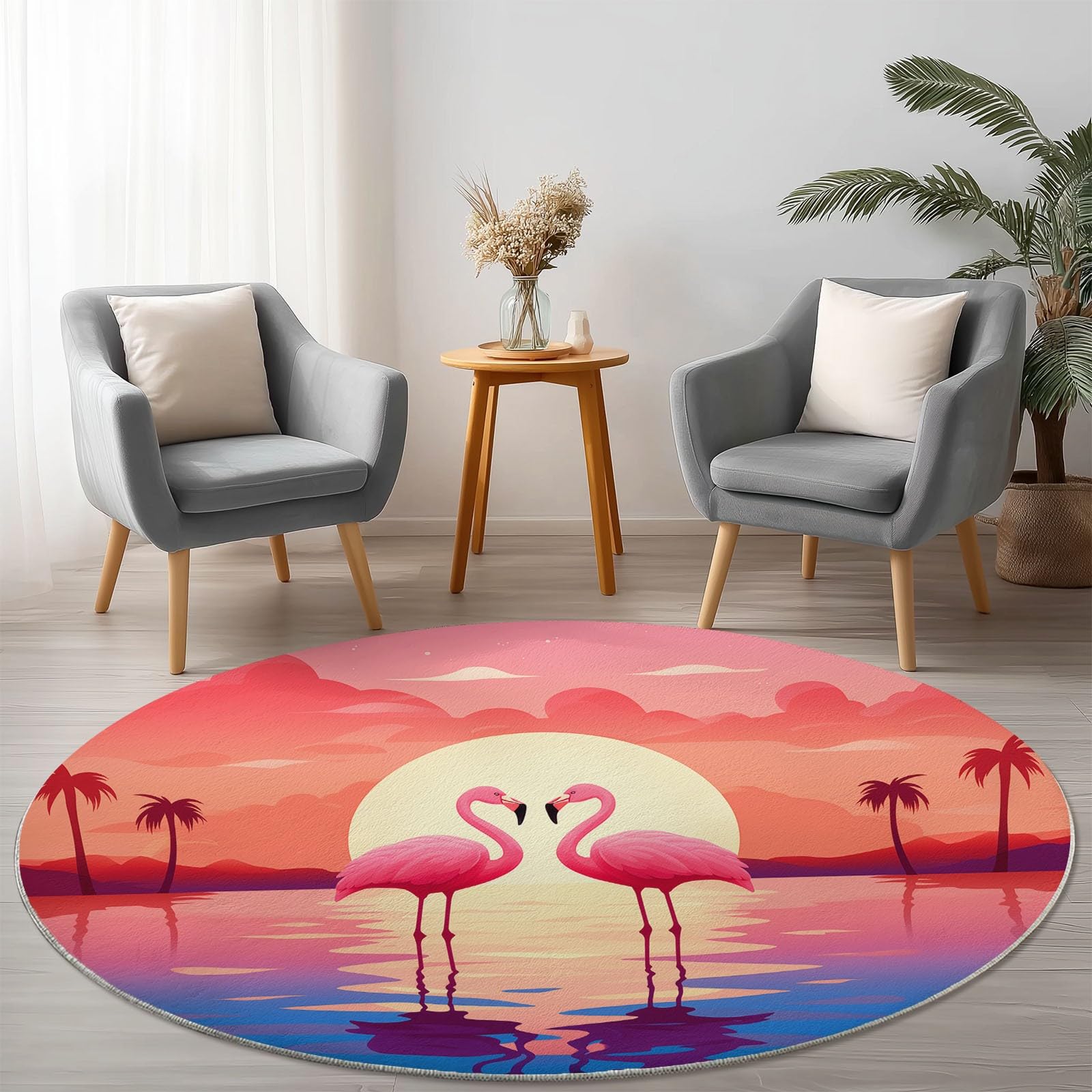 Okrągły dywan do salonu 160 cm tropikalna mata podłogowa dekoracja antypoślizgowa do salonu sypialnia kuchnia balkon taras jadalnia wnętrze, różowe flamingi palmy
