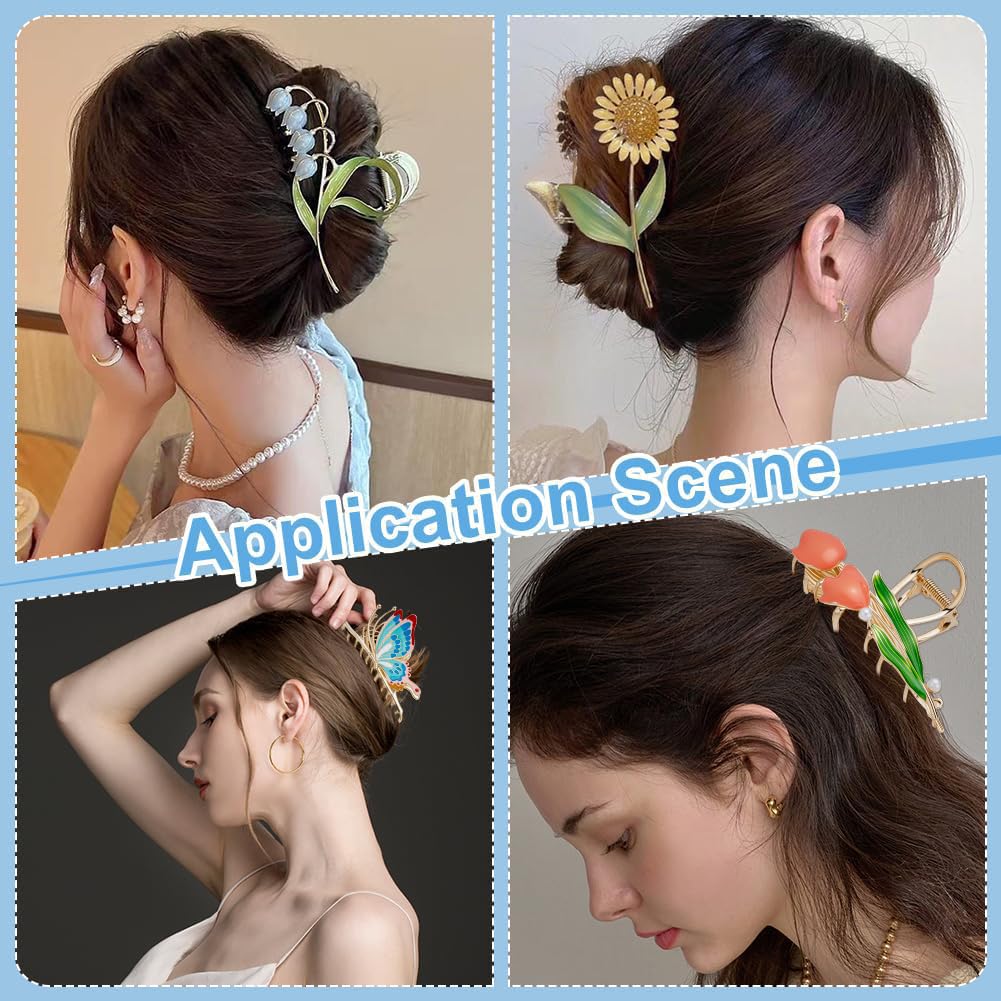 WADORN 8 pièce Ensemble de Pinces à Cheveux en Métal de Fleur, Grande Épingle à Cheveux Tendance Antidérapante avec Fixation Solide Motif Tulipe Papillon Lys Orchidées Pinces pour Cheveux Mi Épais