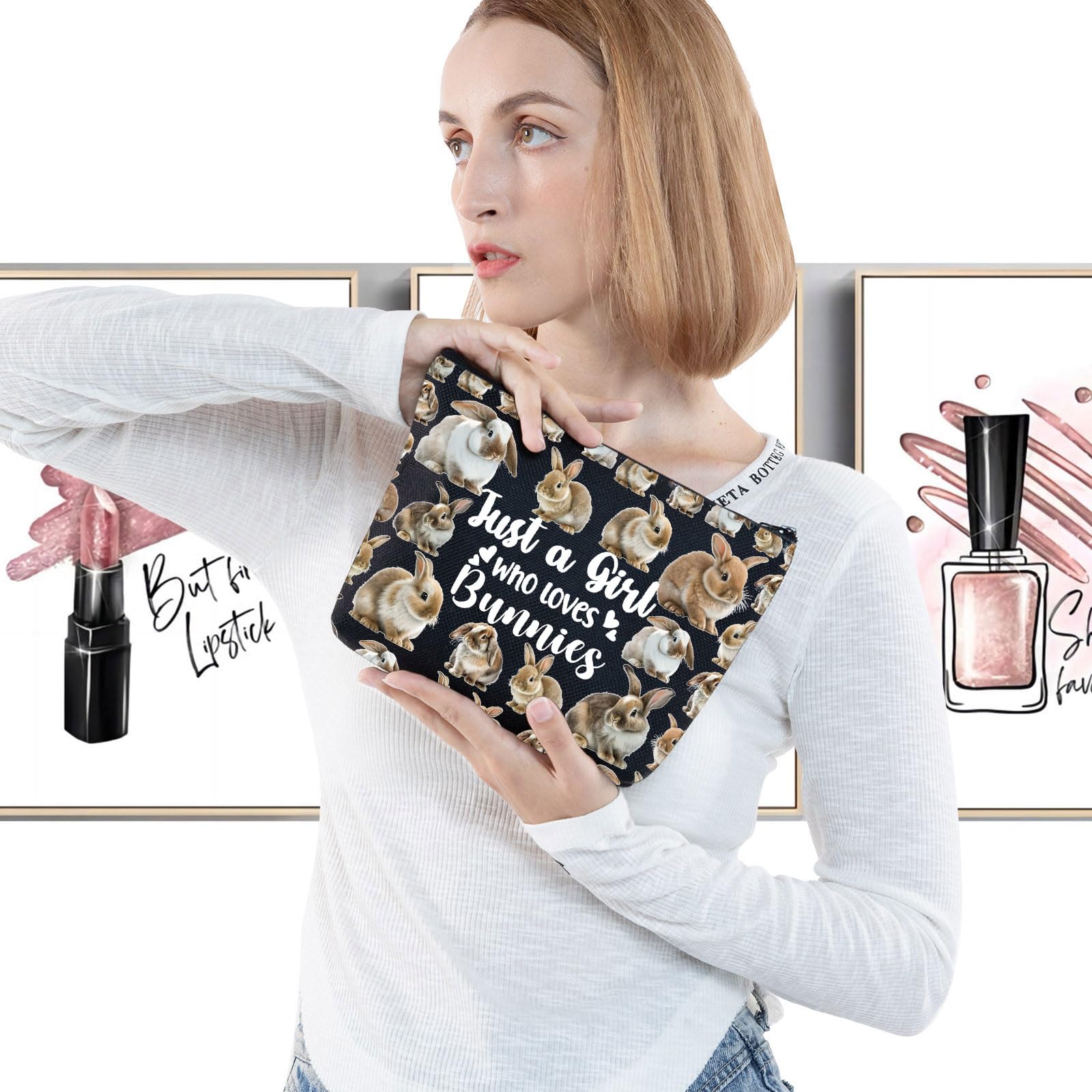 LEVLO Funny Bunny Cosmetic Bag Animal Lover Gift Just A Girl Who Loves Bunnies Makeup Zipper Pouch Bag Bunny Lover Gift for Women Girls Bunnies Black - Image 3