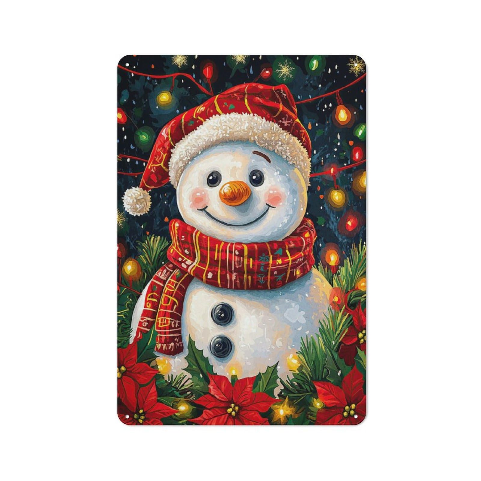 Retro Metal Plaque 30x20cm Featuring Smiling Snowman Christmas, Bistro Wall Plaque for Bakery, Diner, Cafe Or Family Room