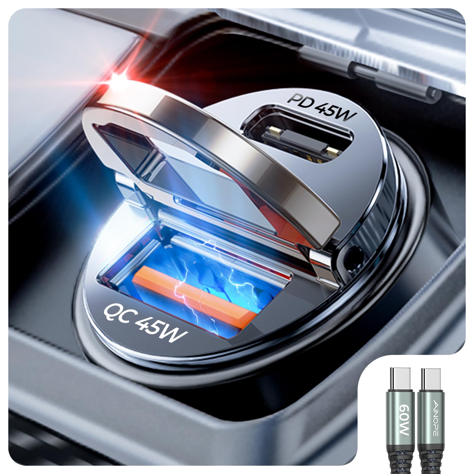 AINOPE 90W for iPhone 17 Pro Max 16 15 Super Fast Car Charger USB C, [Mini&Metal] Invisible Cigarette Lighter Adapter, Type C Charger Fast Charging for Samsung Galaxy S25 S24, Black