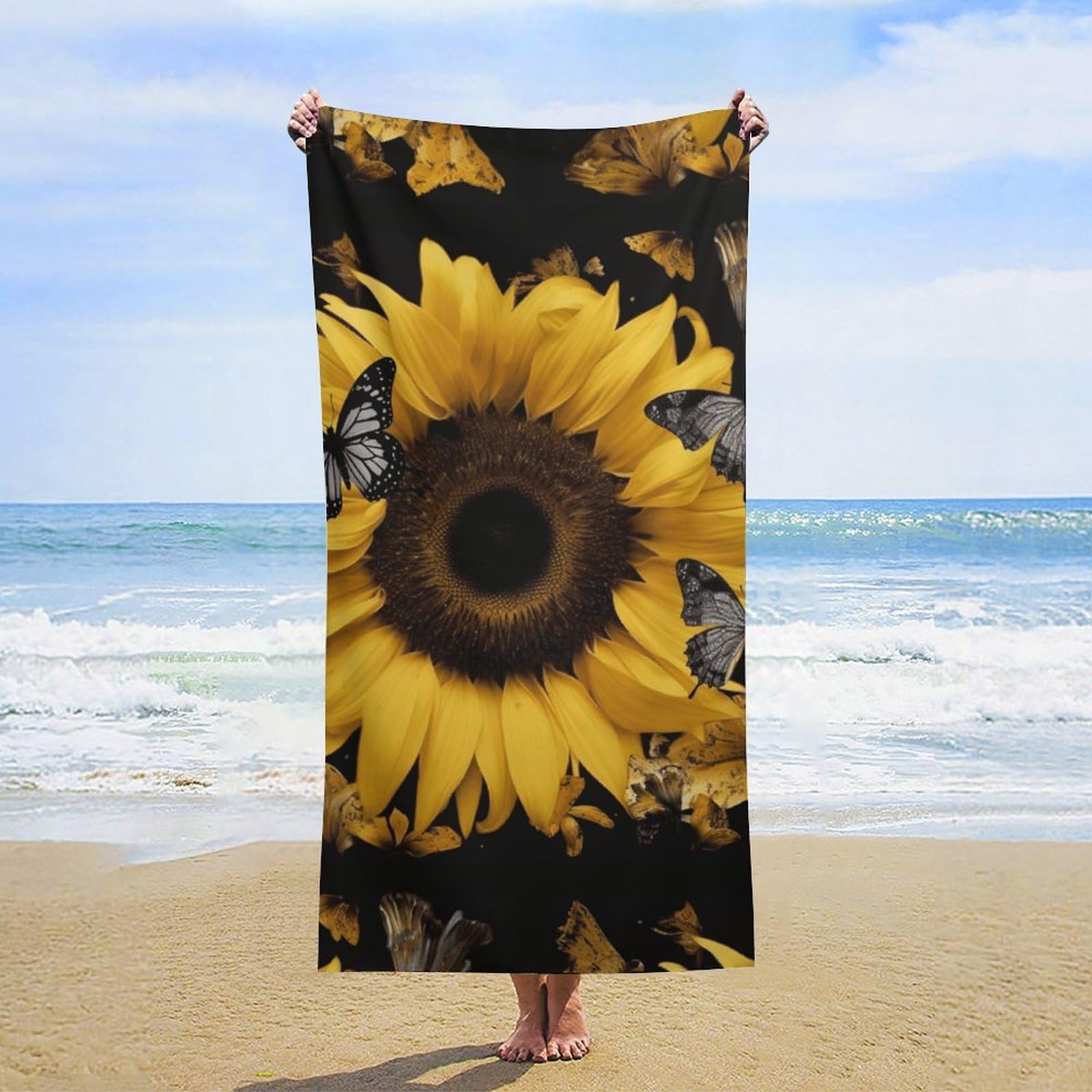 NTVOWPZO Butterfly and Sunflower Beach Towel Oversized Microfiber Bath Towels Lightweight Sand Proof Beach Towels Absorbent Pool Towels for Swimming Yoga Bathroom Towel 31.5" X 63"