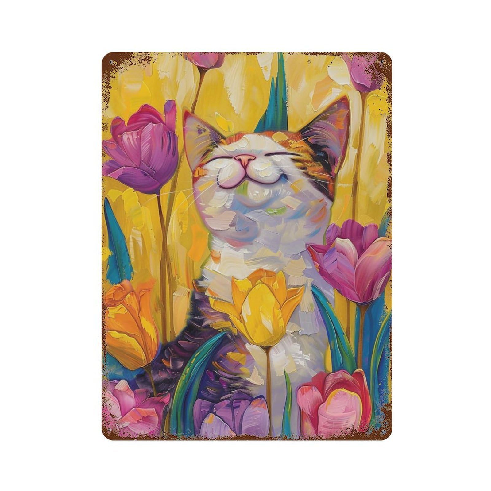 YHGERTKU Happy Cat in Tulip Garden 04 Wall Retro Iron Vintage Art Metal Tin Sign Poster Modern Decor for Living Rooms 40x30cm