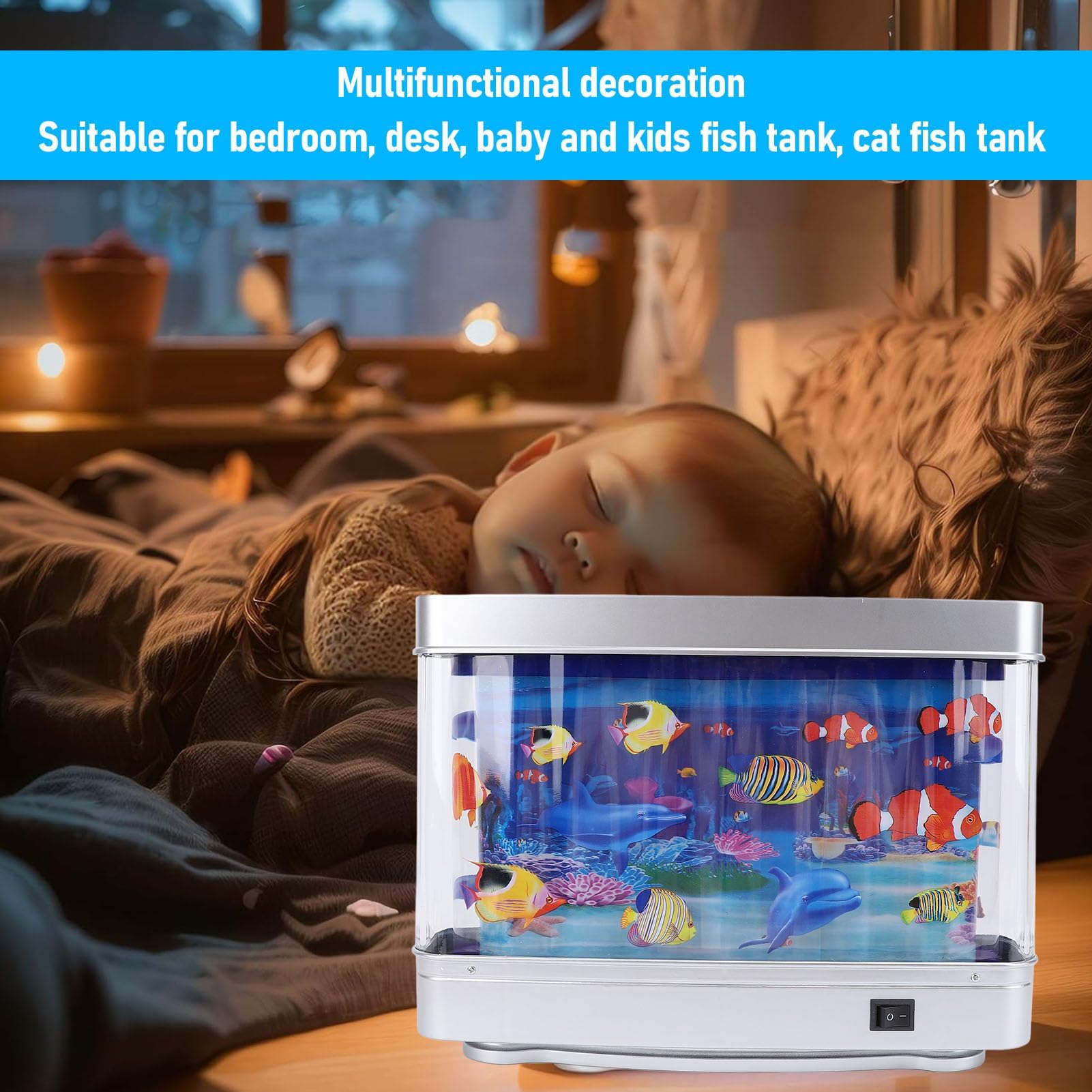 Acquario artificiale per pesci finti, 5V Mini acquario artificiale decorativo con pesci tropicali in movimento lampada multifunzionale con spina mobile per camera da letto e ufficio