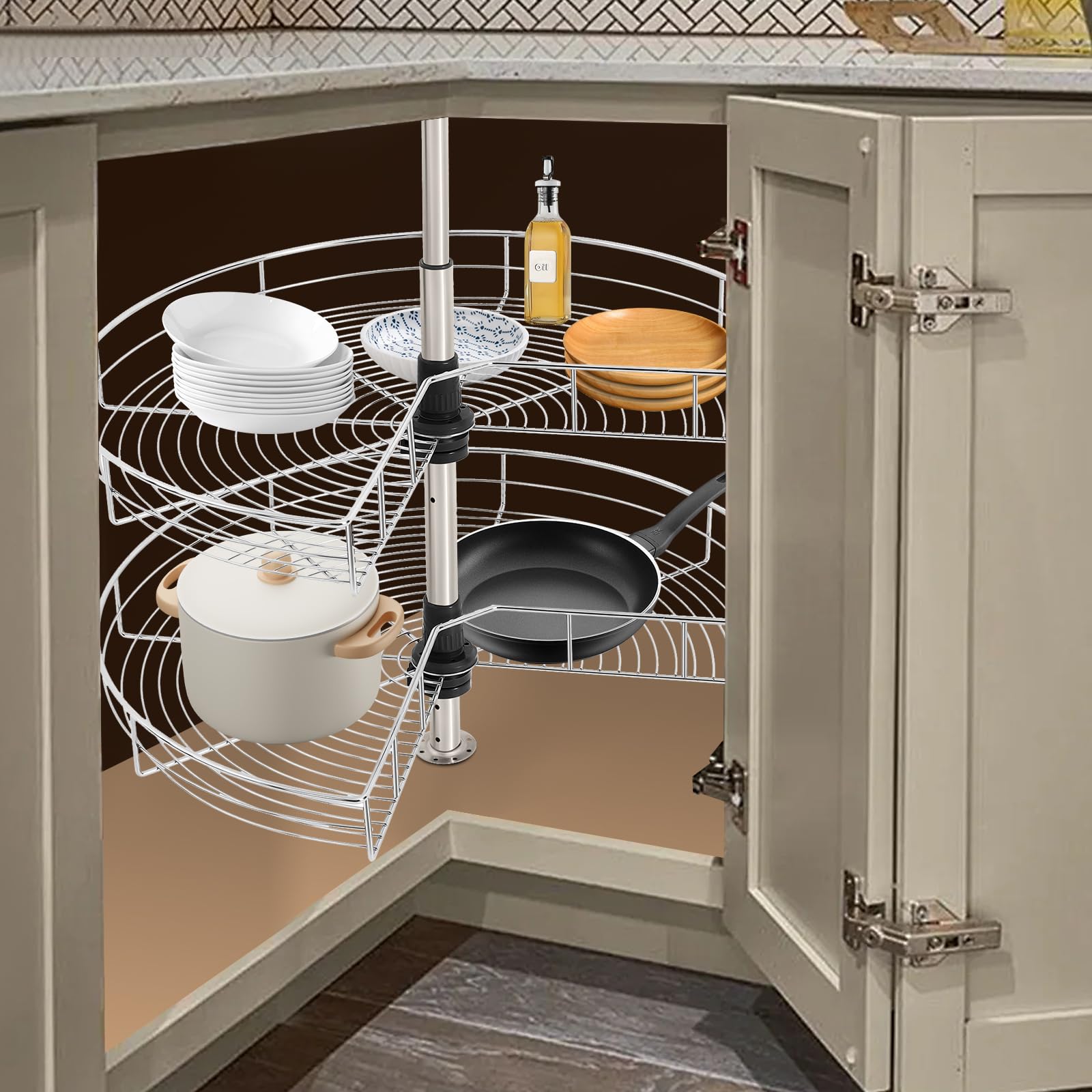 Armario de cocina, cesta giratoria de 270°, cierre semicírculo, altura ajustable, organizador de cocina, carrusel, estante de esquina, cajón metálico