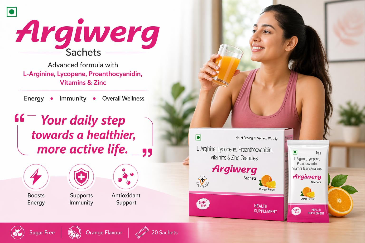 Argiwerg L-Arginine, Lycopene, Proanthocyanidin, Vitamins & Zinc Granules Sachets | Nutritional Supplement for Energy, Stamina & Wellness Support | Orange Flavour | 20 Sachets 3