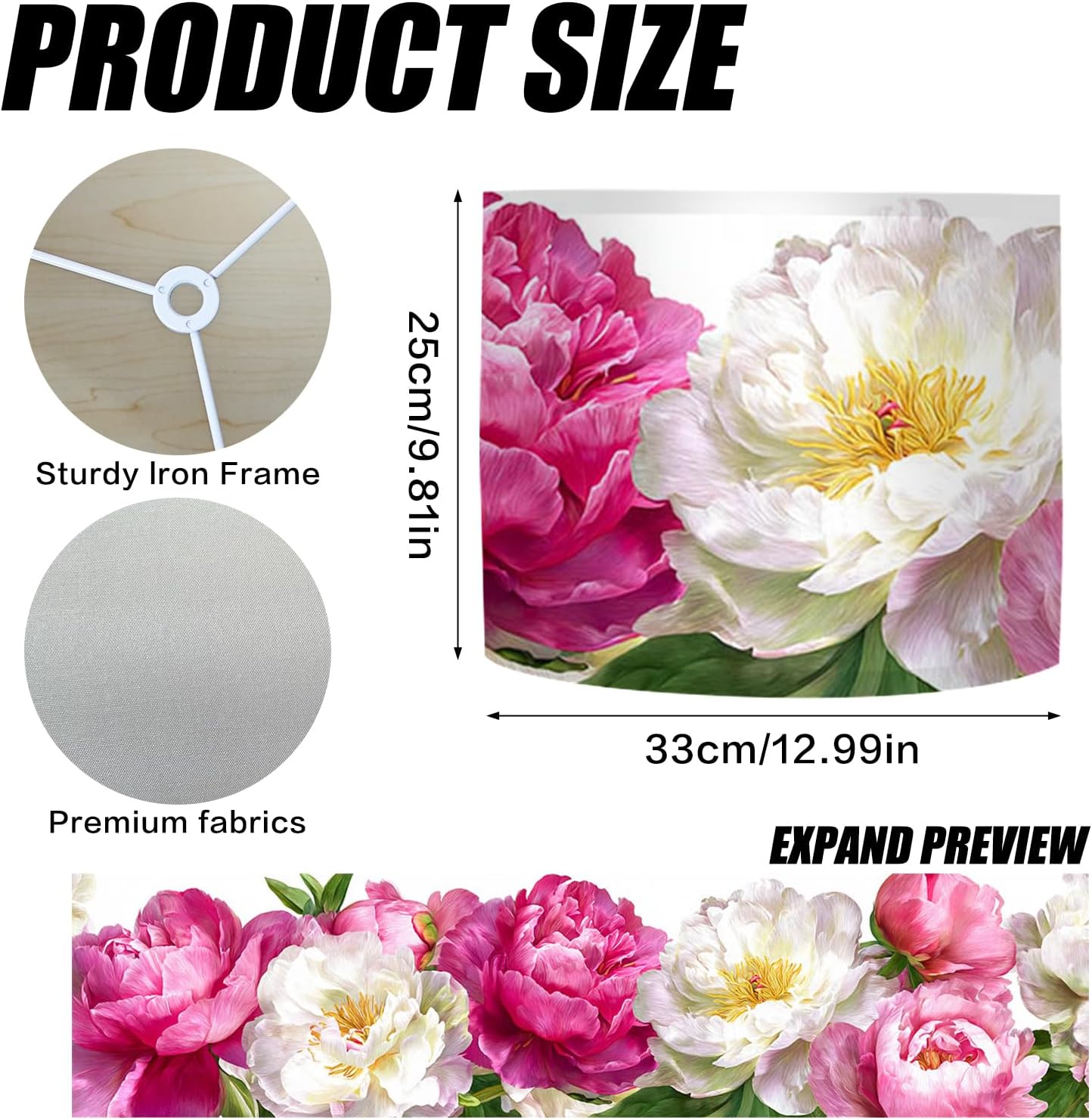 Nuxovilar Lamp Shades Set of 2, Polyester 13x9.8 Inches - Lamp Shades for Table Lamps, Blooming Peony Flower Design for Bedroom, Living Room, Elegant Space