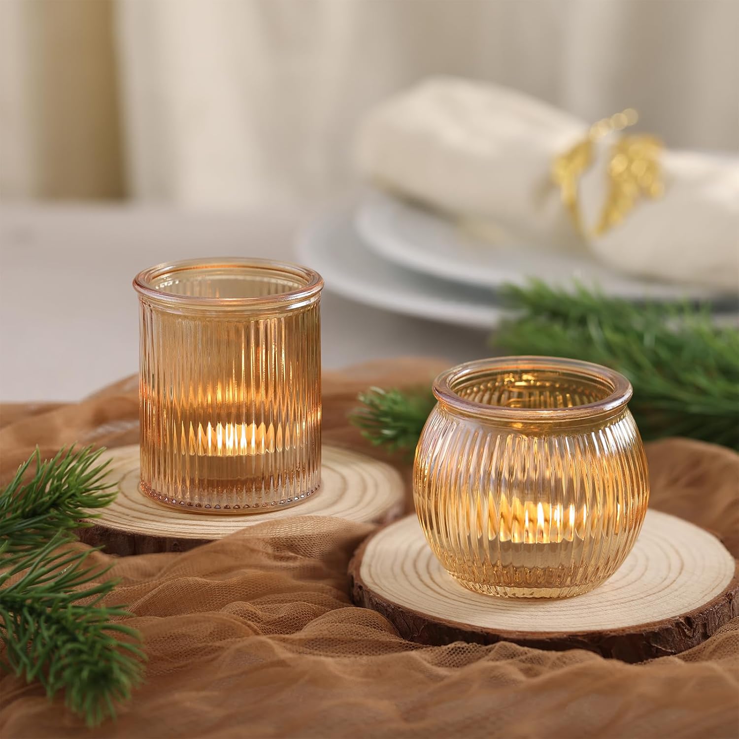 48pcs Assorted Gold Votive Candle Holders, Ribbed Tea Lights Candle Holder for Wedding Decor, Glass Candle Holder for Diwali, Table Centerpiece, Party and Holiday Decorations