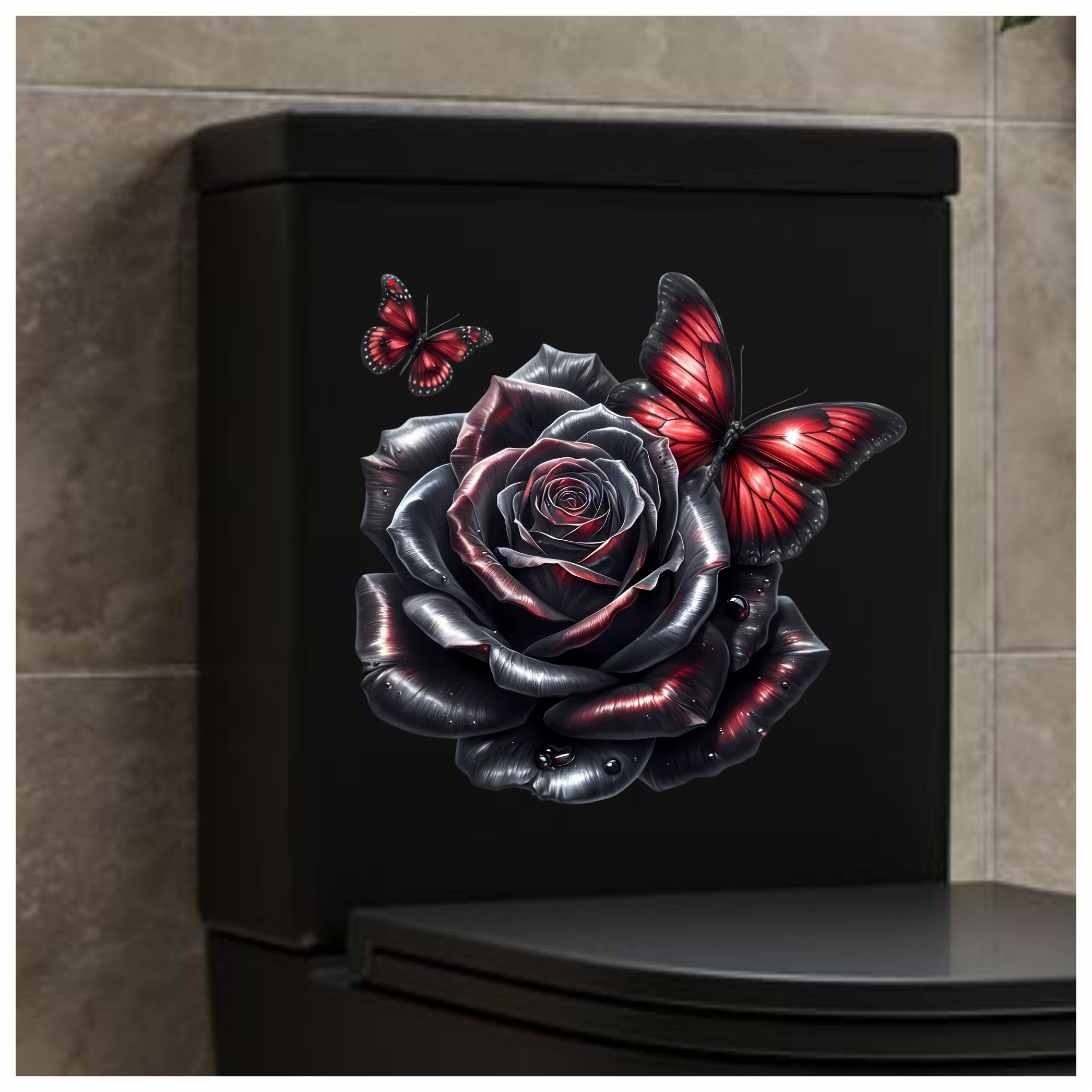 Gothic Butterfly Rose Toilet Seat Lid Decals, Non Transparent, Cover Marks, No Unsightly Film, No White Edges, 26cm Tall, Weatherproof, Multi Purpose Dark Floral Vinyl Stickers