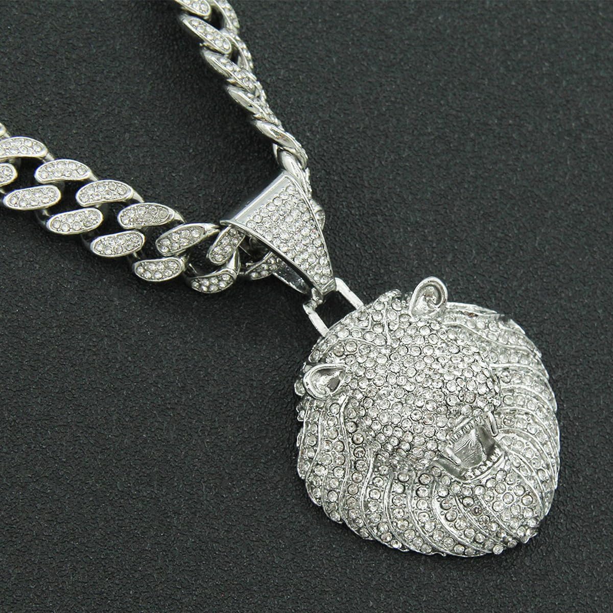 Large Lion Head Pendant Iced Out Bling Cuban Link Chunky Necklace Thick Chain Fake Diamond Animal Charm Choker Necklace for Men,Sparkly Luxury Rapper Cool Hip Pop Costume Jewelry 20" image 3