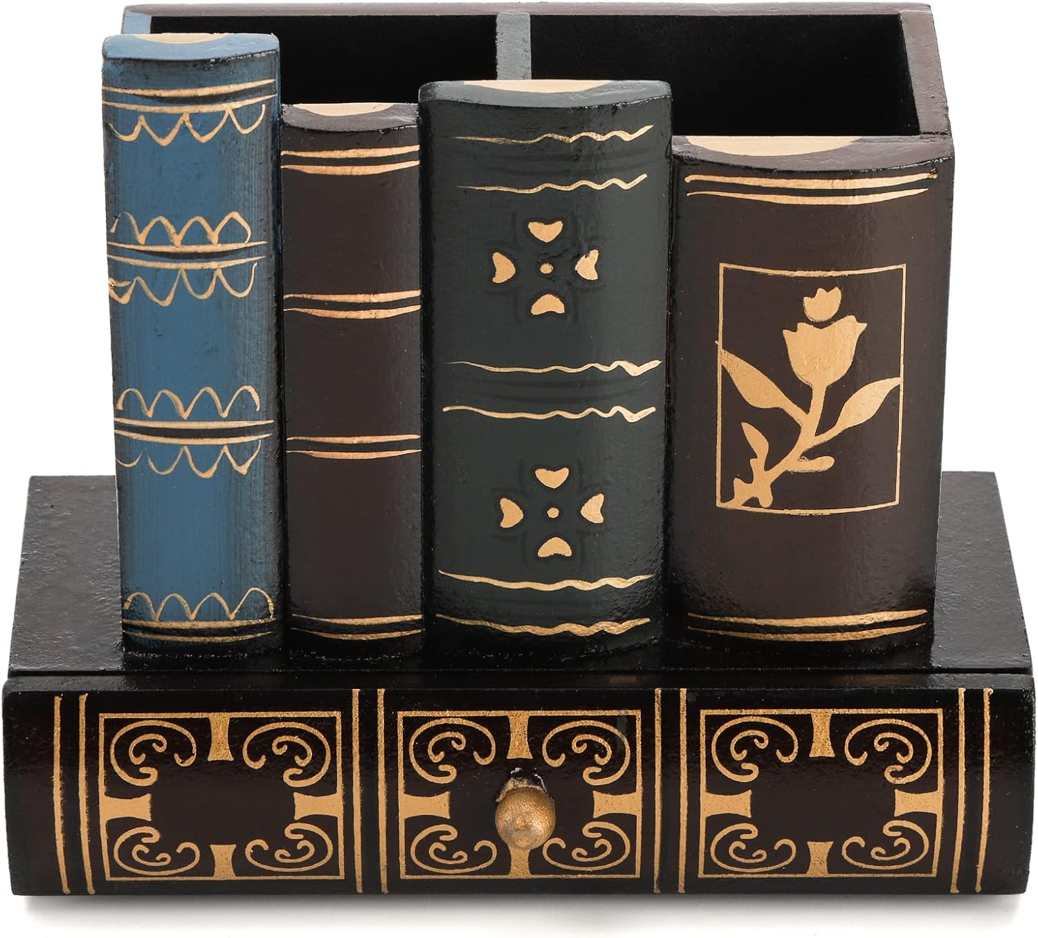 Tosnail Soporte decorativo para bolígrafos con cajón de almacenamiento, organizador de lápices de madera, organizador de libros de biblioteca