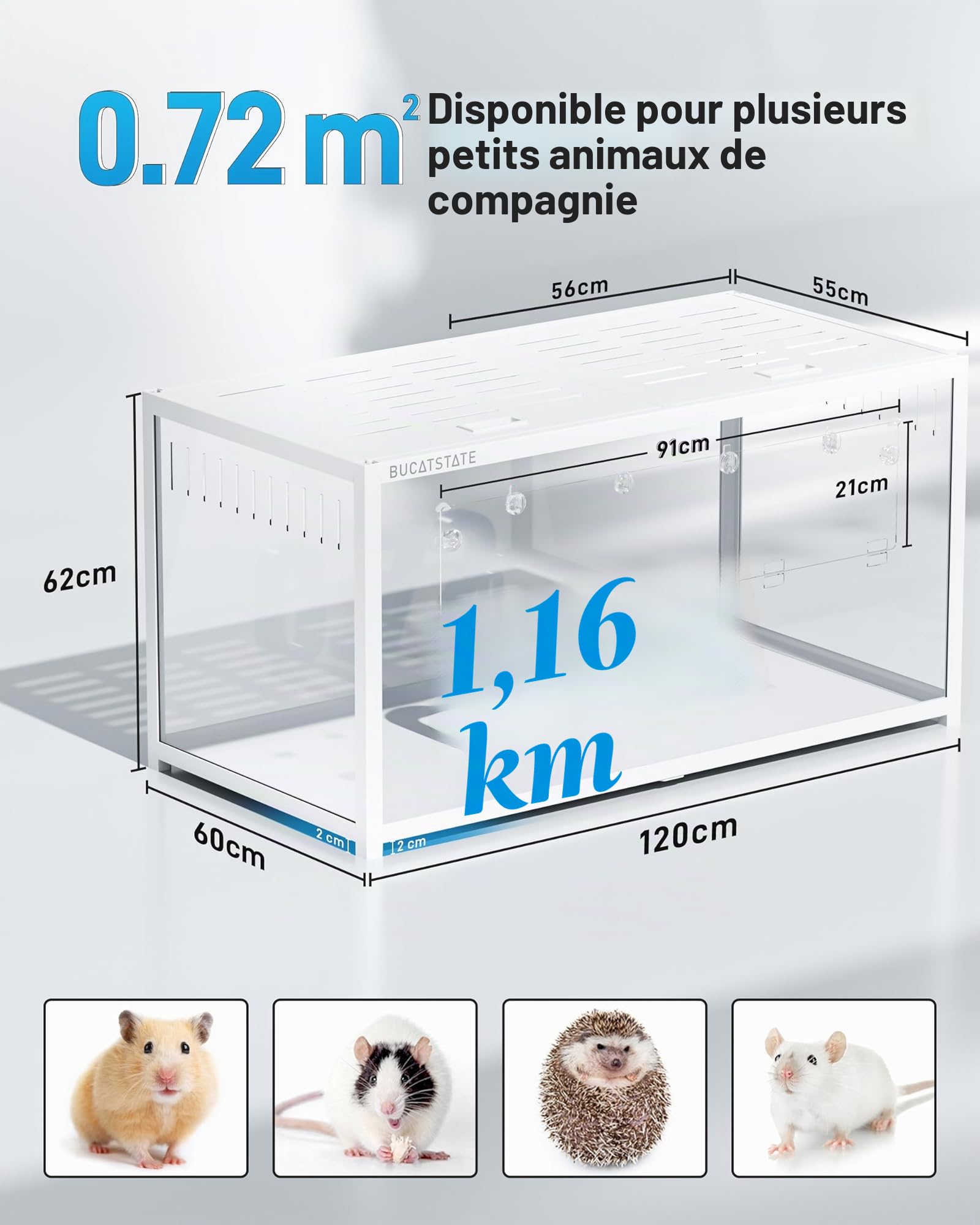 BUCATSTATE Cage pour Hamster 3.0: Grande Cage à Rongeurs 120L x 60W x 62H CM pour Hamster Petits Animaux Rat Gerbille Souris (Blanc)