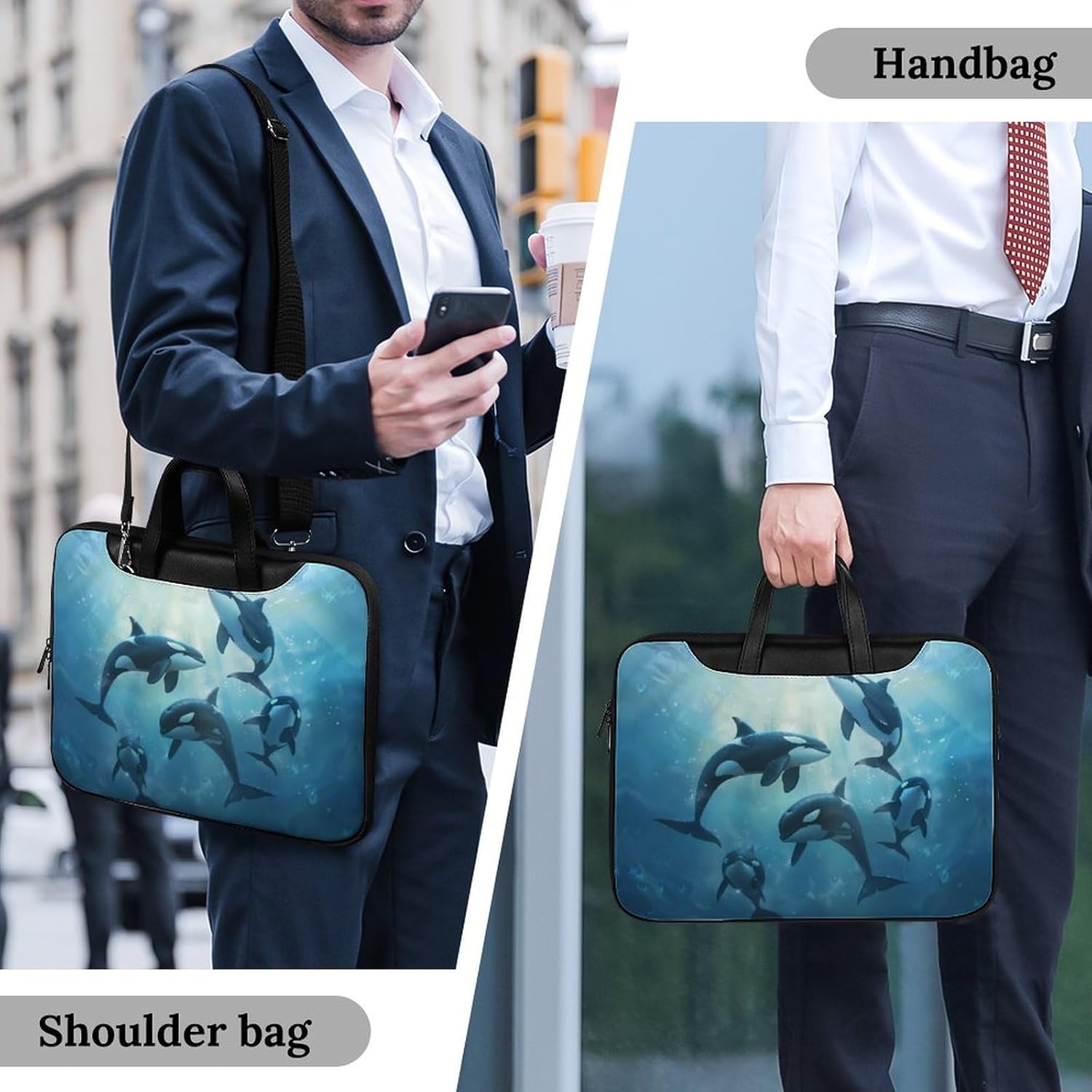 Orca Killer Whale Laptop Bag PU Leather Computer Tote Bag Carrying Case Messenger Bag with Handle