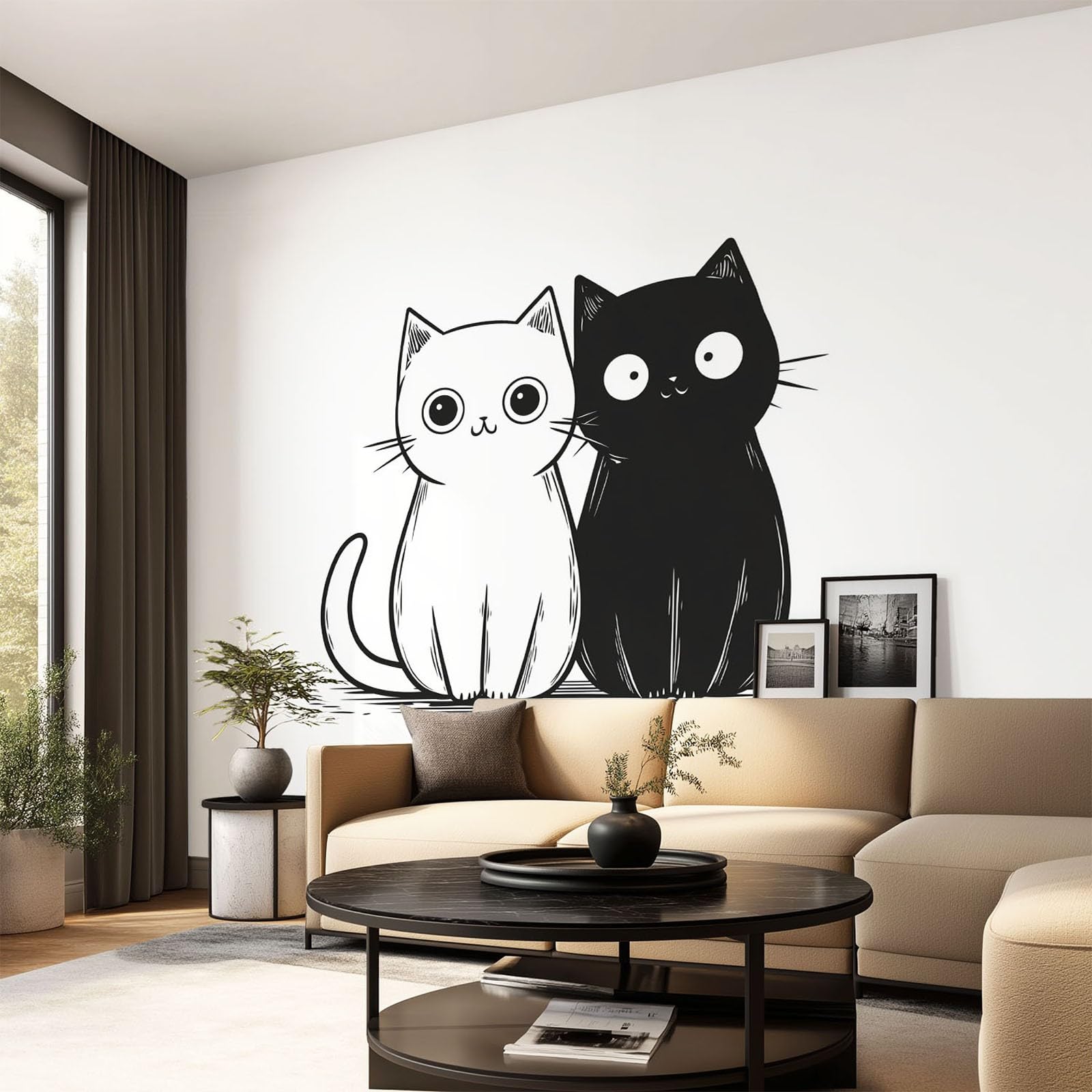 Generisch Tapeta minimalistyczna, motyw zwierzęcy, czarno-biała – urocza, kreskówka, wzór kota, tapeta na flizelinie, dekoracja ścienna, nowoczesna tapeta ścienna, dekoracja ścienna, tapeta z motywem