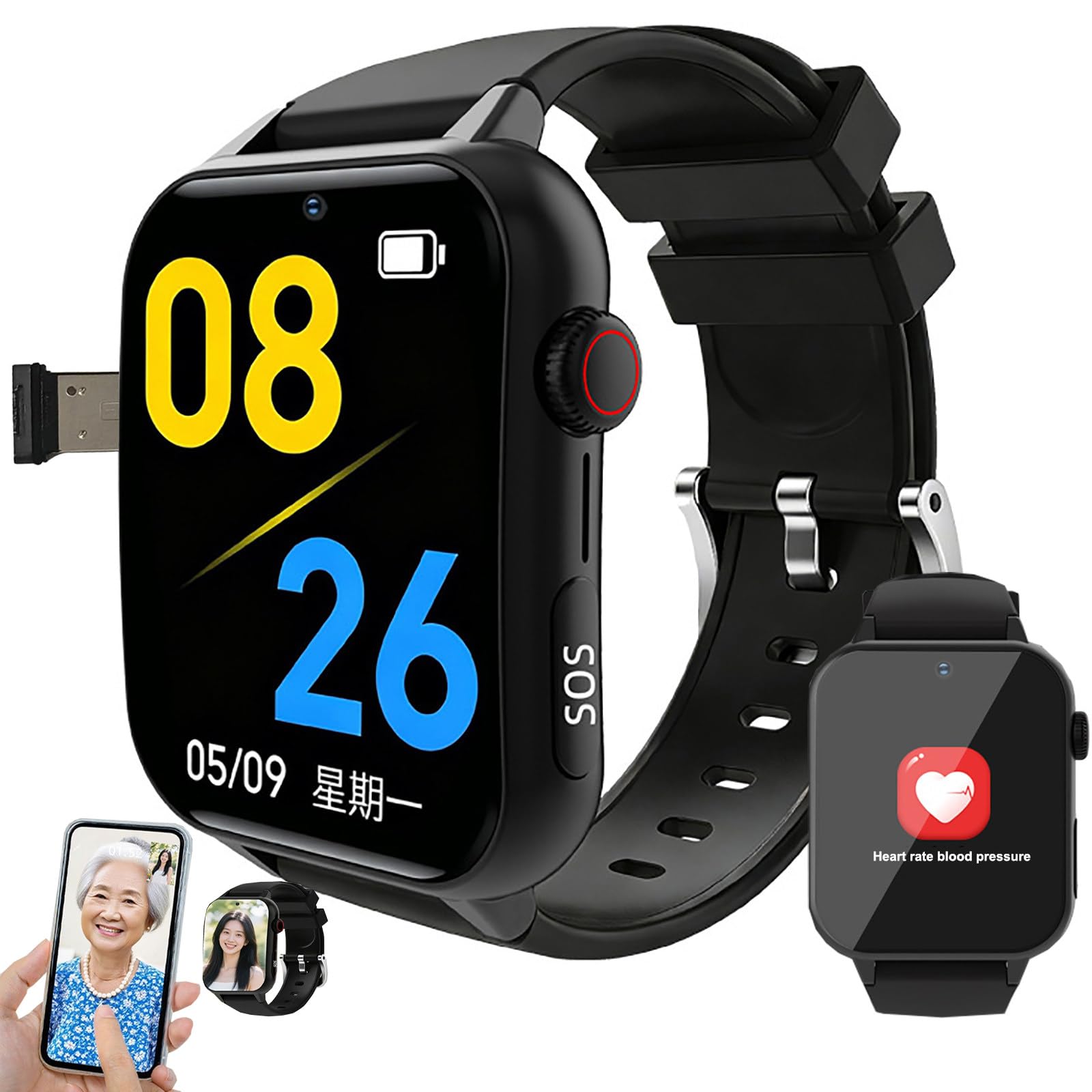 Smartwatches 4G para Personas Mayores, Pantalla Curva De 1,83″, Detección De Caídas | Botón De Emergencia SOS | Posicionamiento GPS | Llamadas Bidireccionales | Zona Segura Black
