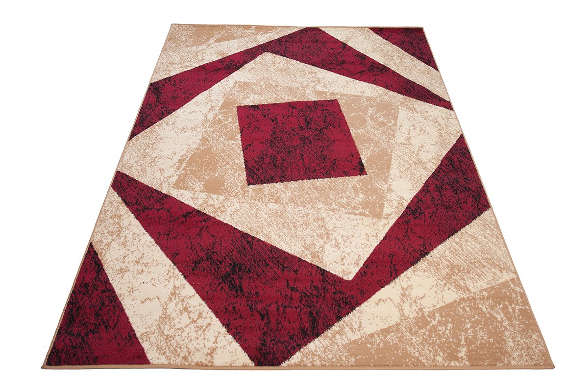 TAPISO Dream Tappeto Soggiorno Salotto Moderno Beige Rosso Geometrico Quadrato A Pelo Corto 140 x 200 cm