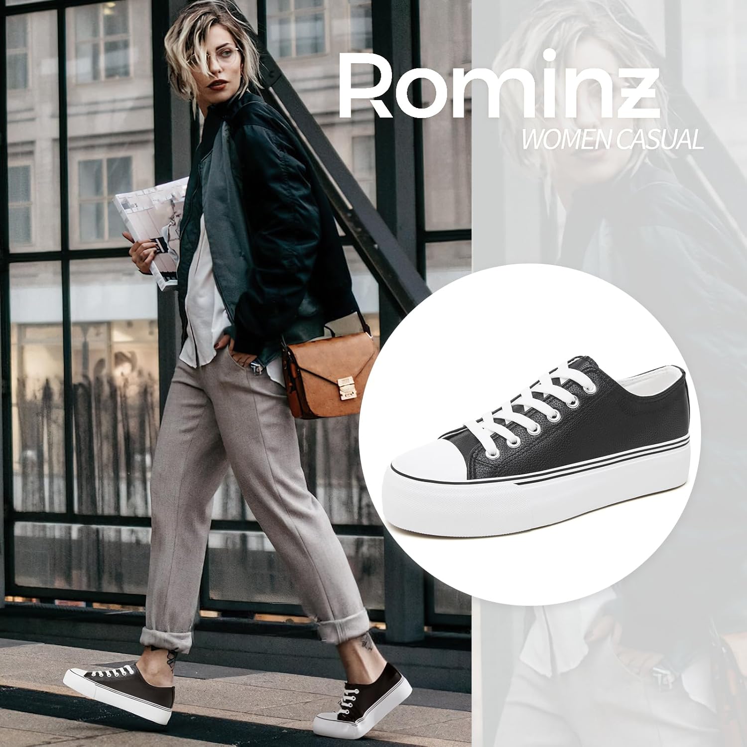 Rominz Women's White Platform Sneakers PU Leather Platform Shoes Classic Black Low Top Sneakers Casual Walking Shoes for Women - Image 4