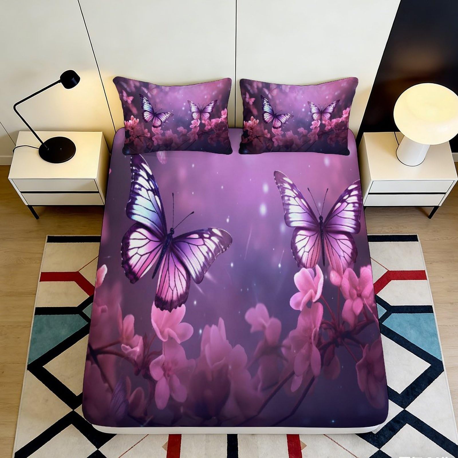 3D Printed Butterfly Pattern Fitted Sheet Microfiber Deep Pocket Non-Slip Butterfly Mattress Fitted Cover Washable for Bedroom 90x200x25cm