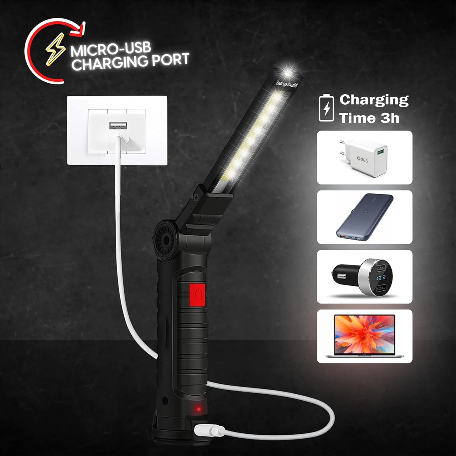 Portable Rechargeable Torch LED Flashlight with 5 Lighting Modes and 360°Rotate, LED Work Light with Magneticfor Mechanics Car Repair Home, Garage, Emergency, Camping