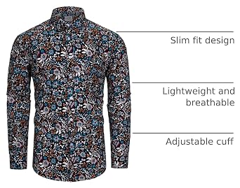 TUNEVUSE Men Floral Dress Long Sleeve Button Down Patterned Shirt Cotton