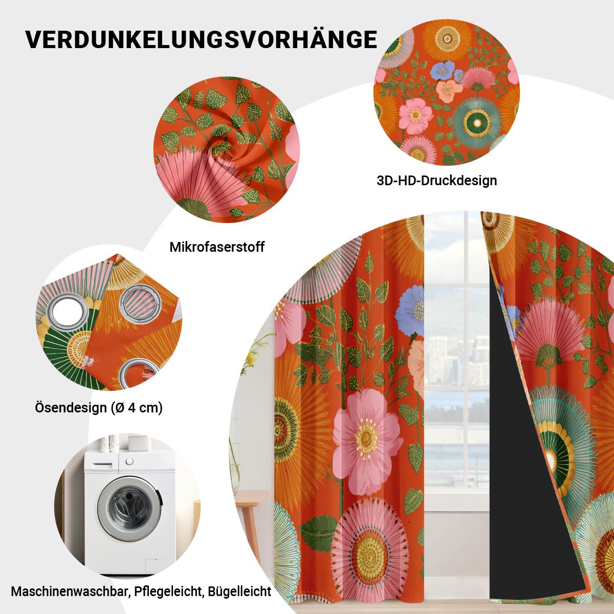 Générique Lot de 2 Rideau Occultant Fleur Bohème, Impression Floral Hippie Rétro Rideaux de Fenêtre Thermique Isolants Anti Bruit a Oeillets Rideaux Chambre Salon 140x245 cm L380y