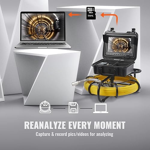Miniatura 7 de VEVOR Cámara de alcantarillado, 165 pies164.0 ft, cámara de inspección de tuberías de pantalla de 9 pulgadas con función DVR, cámara IP68