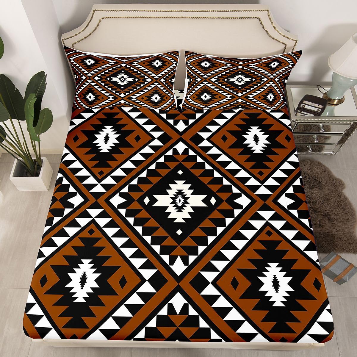 Rustic Western Queen Bed Sheets For Men,Southwestern Aztec Sheet Set Bohemian Bedding Set Ethnic Mexican Style Geometric Diamond Farmhouse Fitted Sheet Brown Black White Flat Sheet 2 Pillow Cases