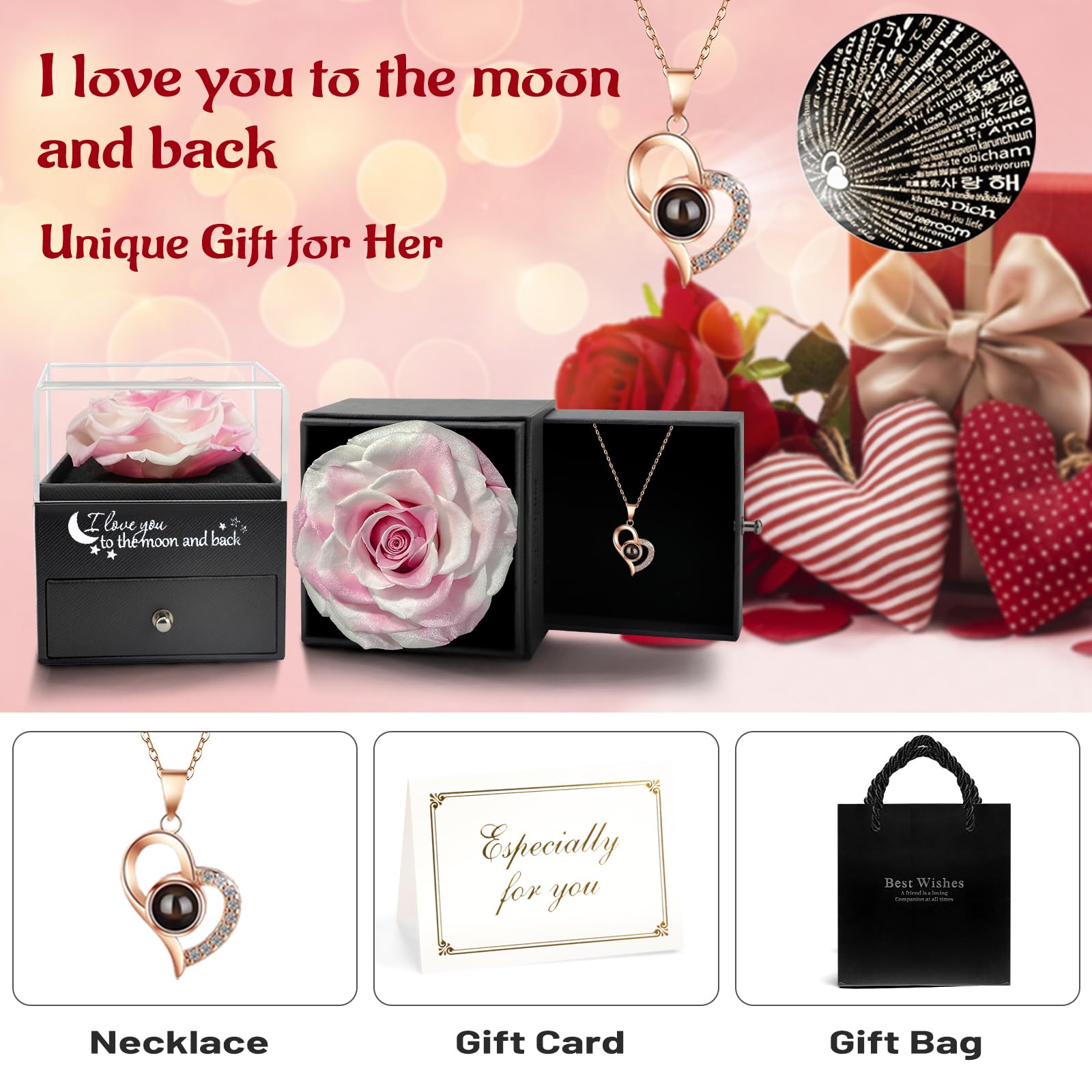 Yamonic Rosa Eterna Regalo Donna,Rosa Stabilizzata con Collana Donna,Regali San Valentino per lei,Idea Regalo per Lei,Confezione Regali Compleanno Anniversario Festa della Mamma Natale