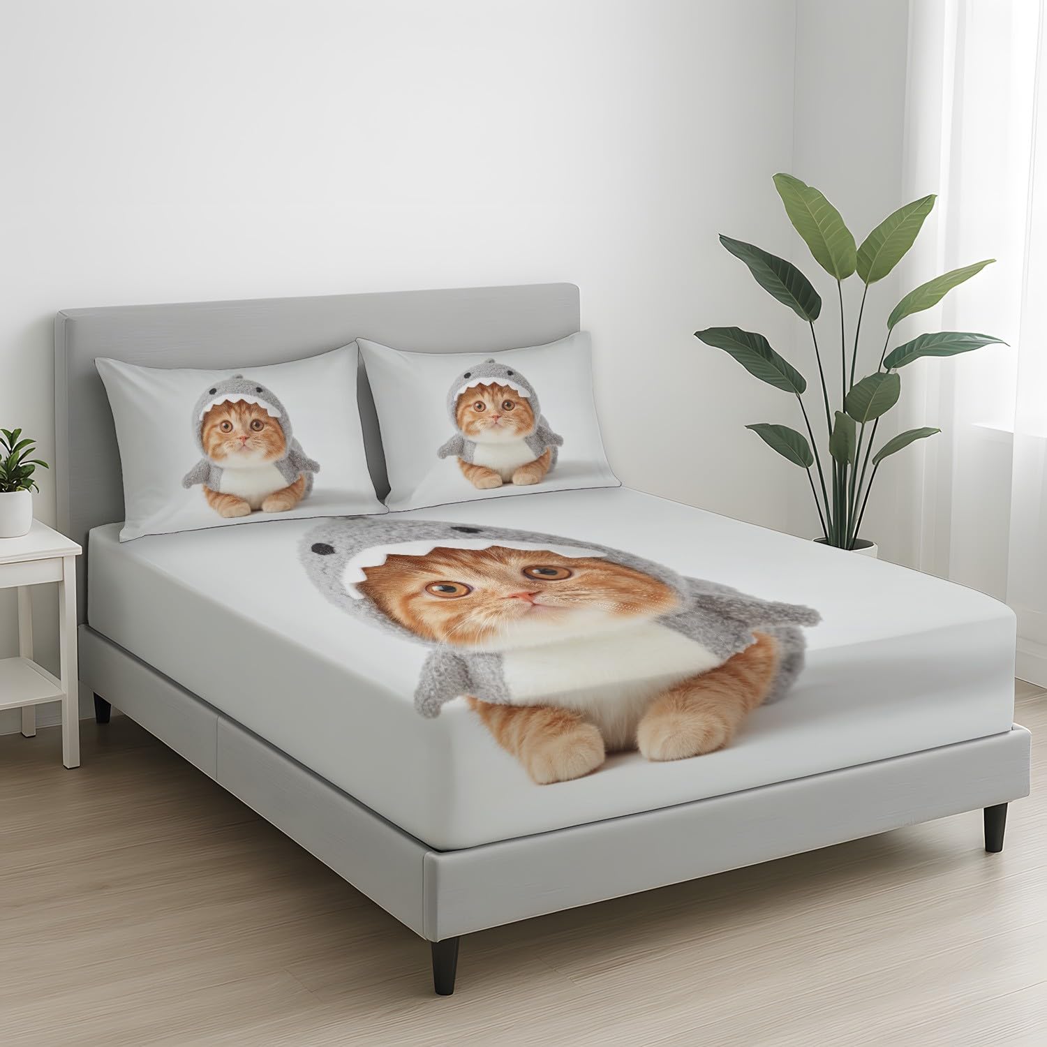 Prześcieradło z gumką z gumką z motywem kota, rekina, 160 x 200, zabawne fantazje, dla dorosłych, nowość, śmieszne, śmieszne prześcieradło z gumką, 160 x 200 cm, na materac do 30 cm wysokości