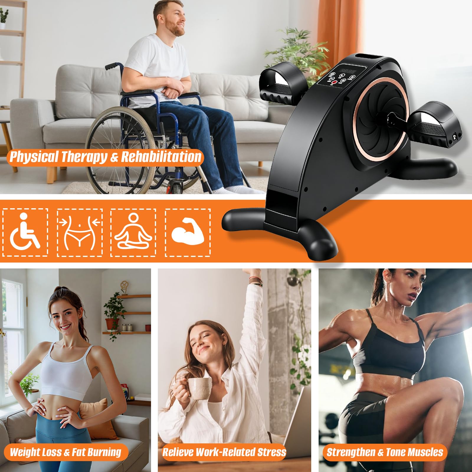 Pédalier électrique pour seniors et travailleurs, mini vélo d’appartement avec 24 vitesses, modes automatique & manuel, 12 niveaux de résistance, écran LCD, télécommande et sangles pour pieds