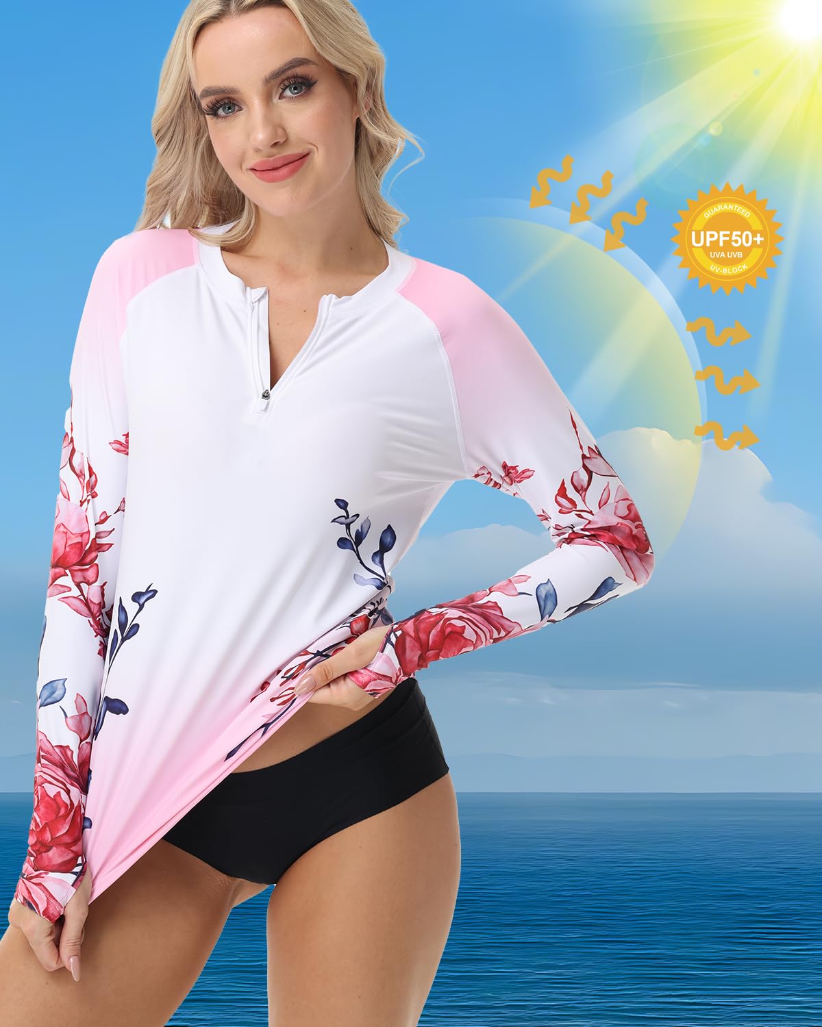 VAYAGER Camiseta UV de natación para Mujer - Manga Larga Cremallera 1/4 UPF 50+ Rashguard protección Solar Secado rápido Top de baño para Surf