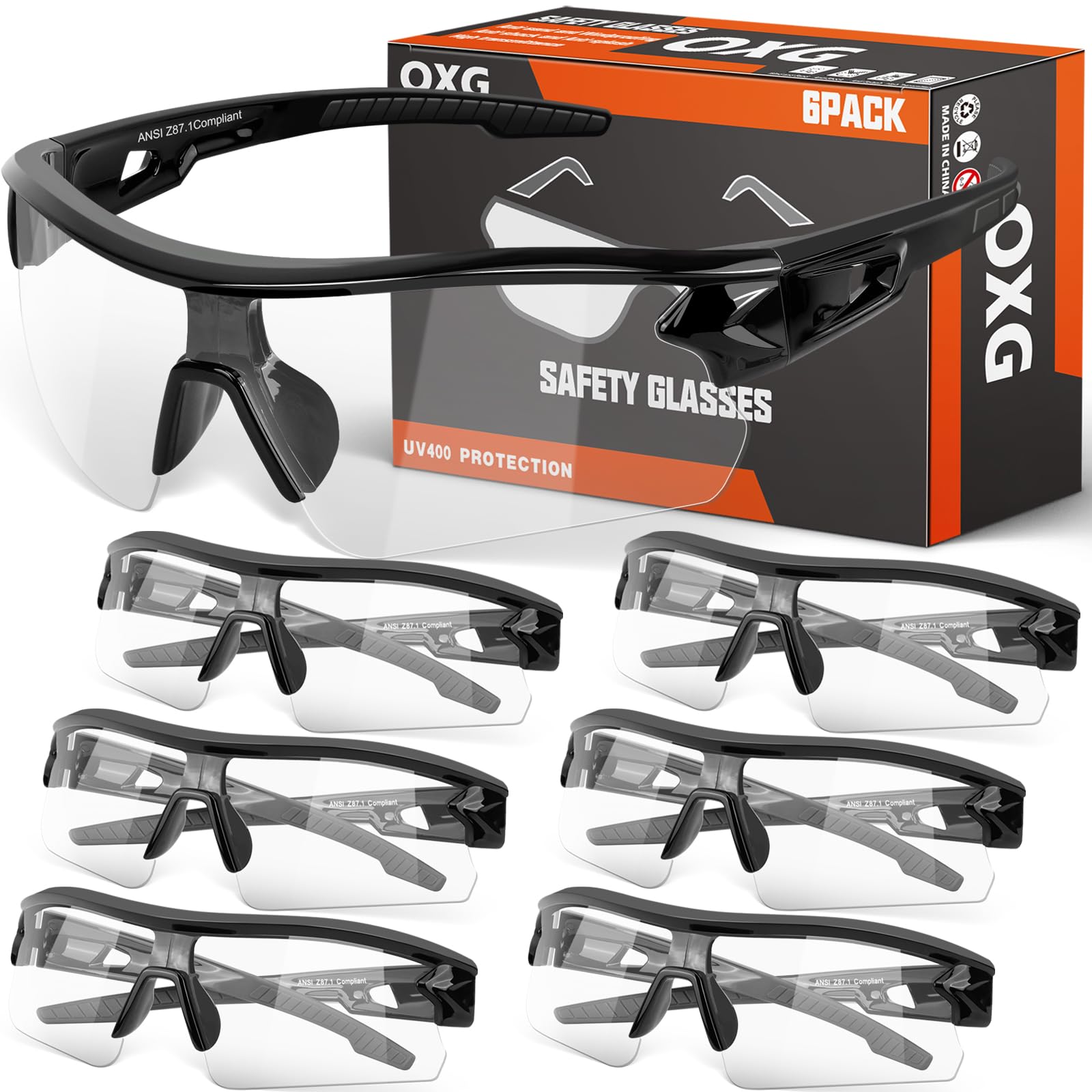 OXG Paquete de 6 lentes de seguridad para hombres y mujeres, ANSI Z87.1, anteojos de trabajo antiarañazos con protección UV400