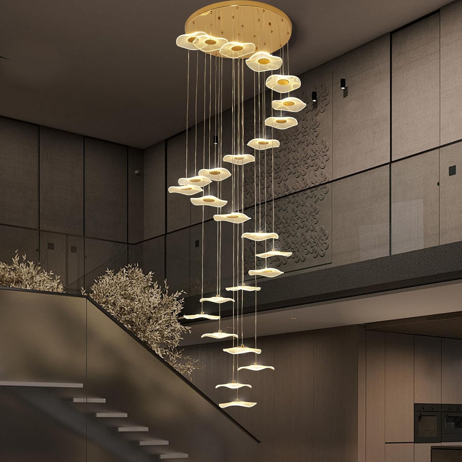 Gold LED High Ceiling Chandelier - 25-Light Dimmable Modern Long Lotus Leaf Chandeliers for Foyer Enterway Staircase