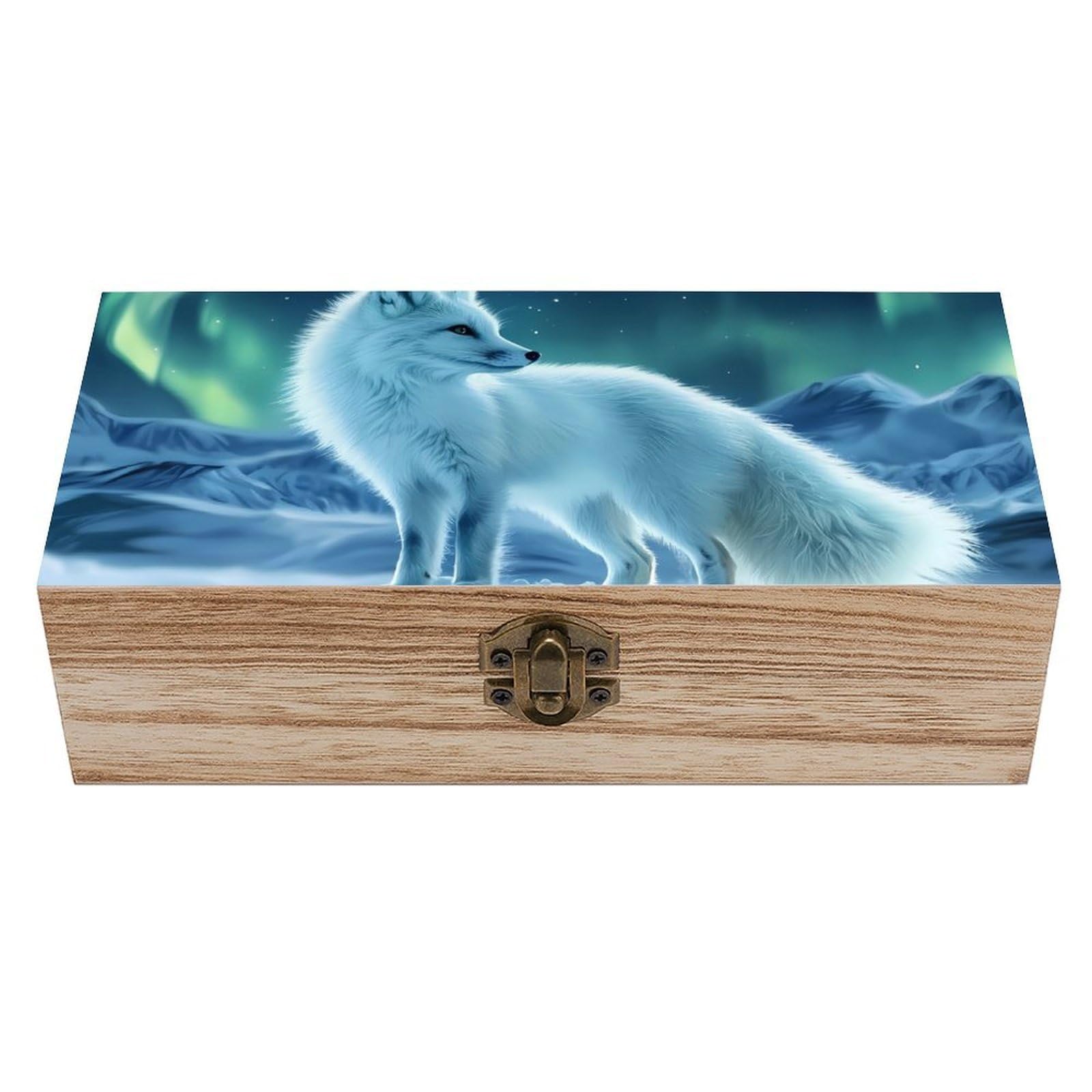 HLBSDM Fox Snowy Winter Wildlife Wooden Box with Hinged Lid Decorative Storage Case Container