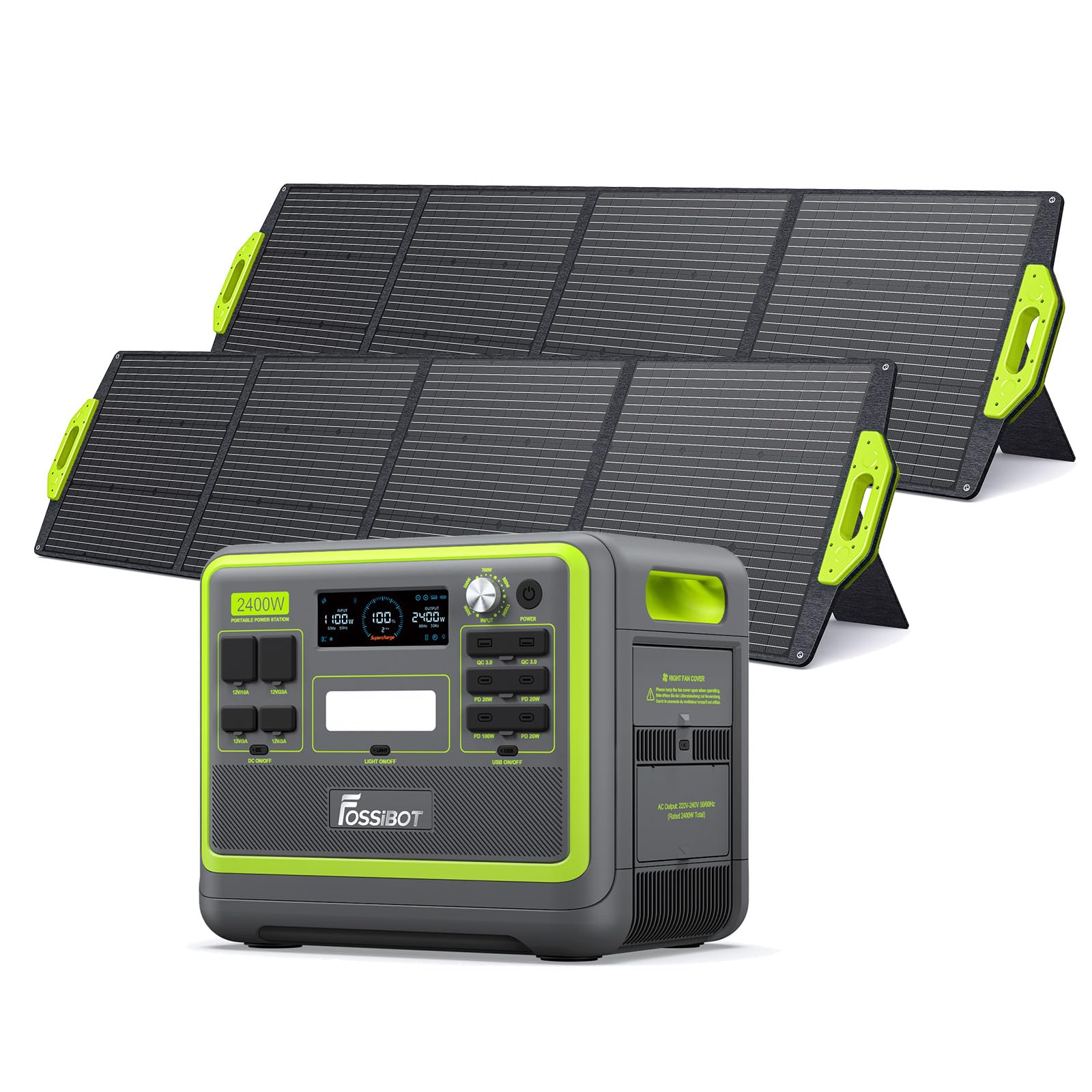 FOSSiBOT F2400 Generateur Electrique Portable Panneau Solaire 2x200W, 2048Wh LiFePO4 Générateur Solaire UPS, 3 Sortie CA 2400W (4800W Pic), 1100W Charge Rapide Power Station Camping, Voyage Vert