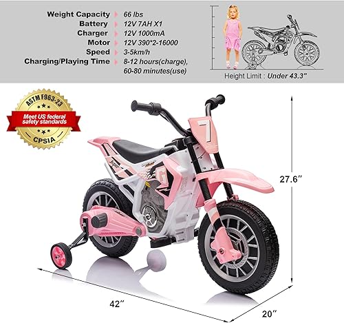 Miniatura 6 de JOYLDIAS Motocicleta de cross para niños, 12V7AH con batería, motocicleta para niños, bicicleta de calle todoterreno con música, ruedas de