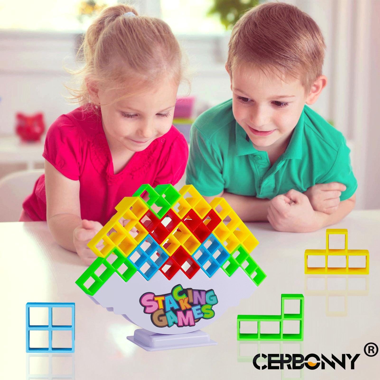 CERBONNY 48Pcs Tetra Tower Stacking Blocks Game, Board Games for Families, Parties, Travel and Team Building, Suitable for 1-4 Players Kids & Adults Toys
