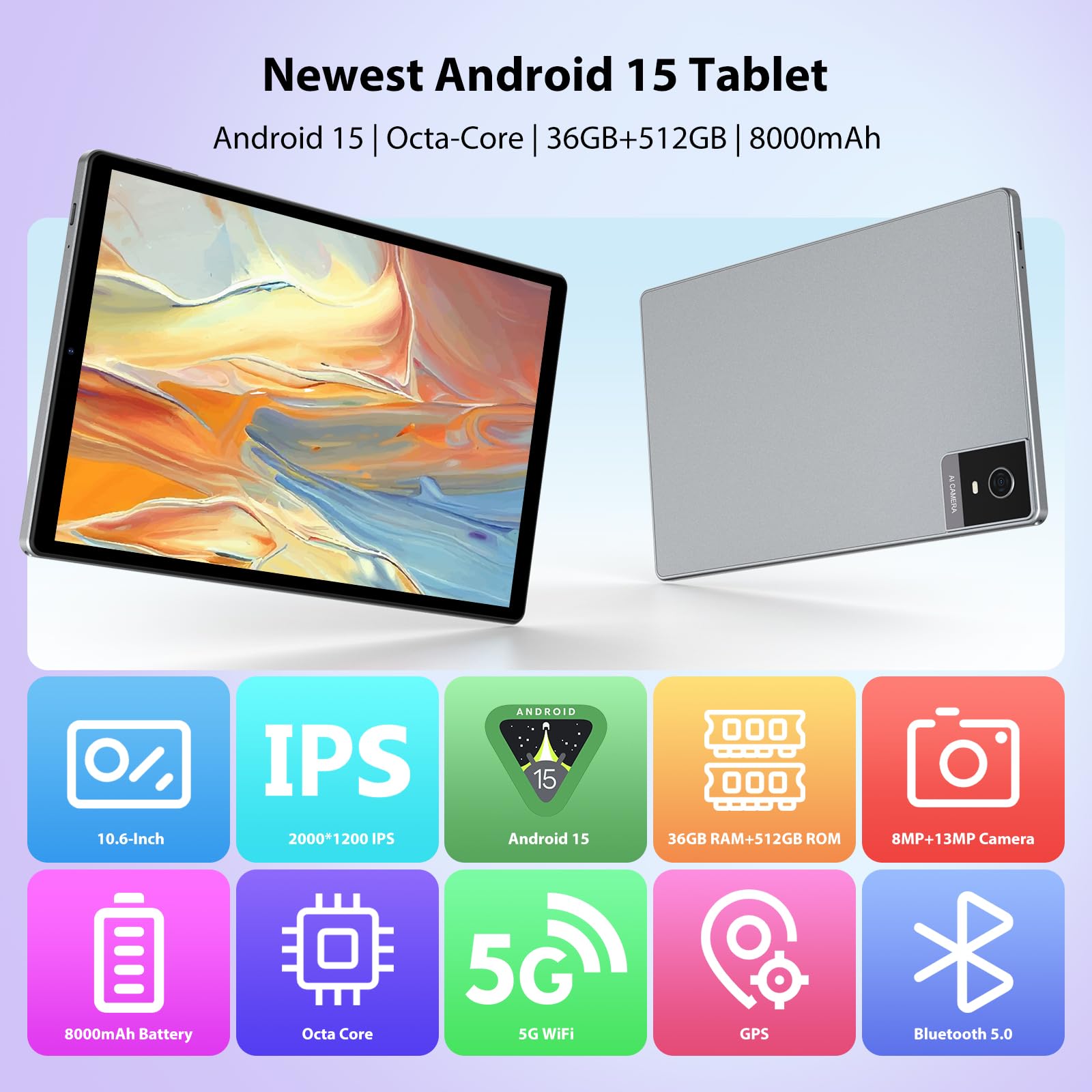 Tablette 10,6 Pouces avec Clavier, Android 15 Tablette 36Go RAM + 512Go ROM (TF 1TB), 4G LTE+5G WiFi, IPS 2K HD, 8000mAh, Octa-Core, 13MP+8MP, Bluetooth 5.0, Tablet avec Housse & Souris, Gris