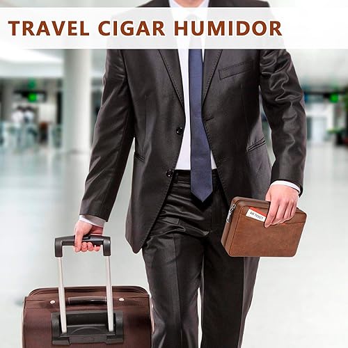 Miniatura 7 de Humidor de cigarros, estuche de viaje de madera de cedro de cuero con higrómetro y humidificador, encendedor de cigarros multifuncional, cortador en