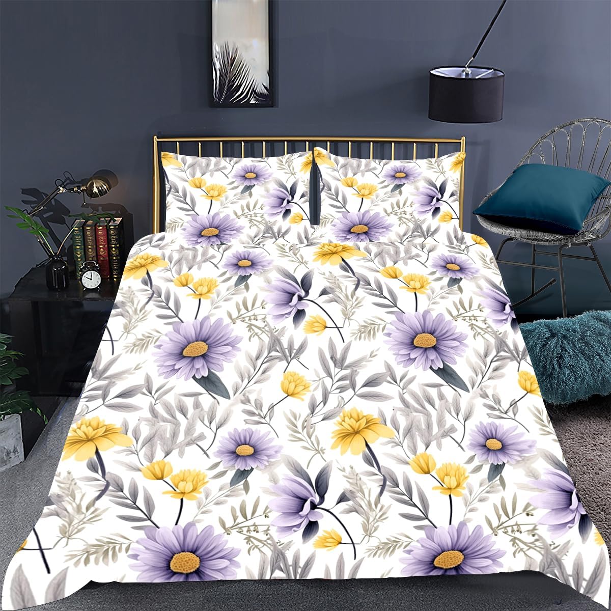 CCoutueChen Purple Yellow Floral Duvet Cover Twin Size Grey Watercolor Botanical Plants Bedding Set for Elegant Women Girls Decor Comforter Cover 2Piece with Zipper Closure Corner Ties
