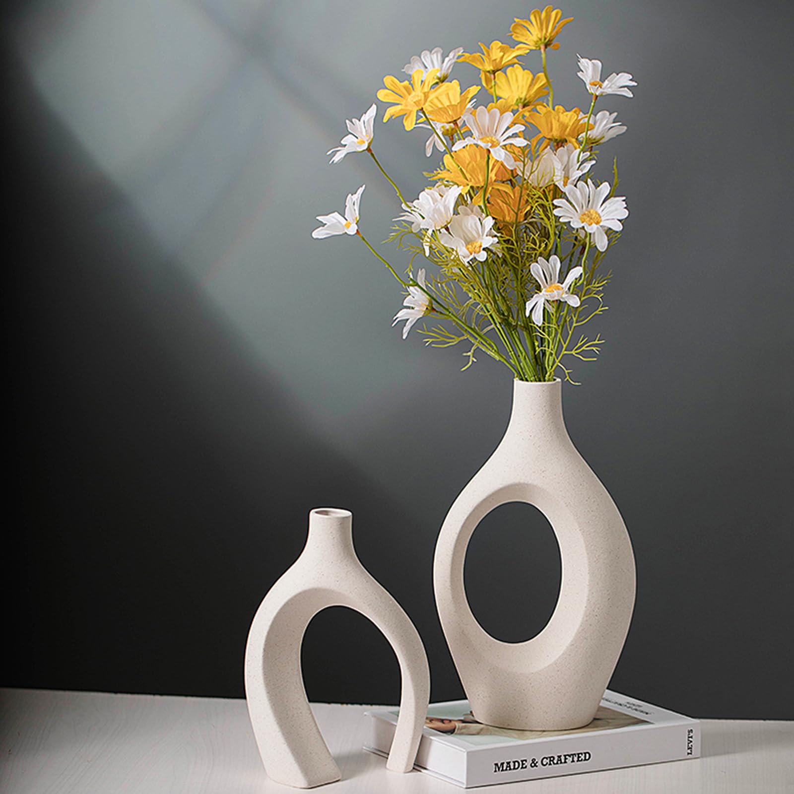Juego de 2 jarrones Huecos de cerámica, florero Decorativo Interior Beige Moderno para decoración nórdica, floreros Redondos Bohemios estéticos para el hogar, Granja, Mesa de café (XL Beige)