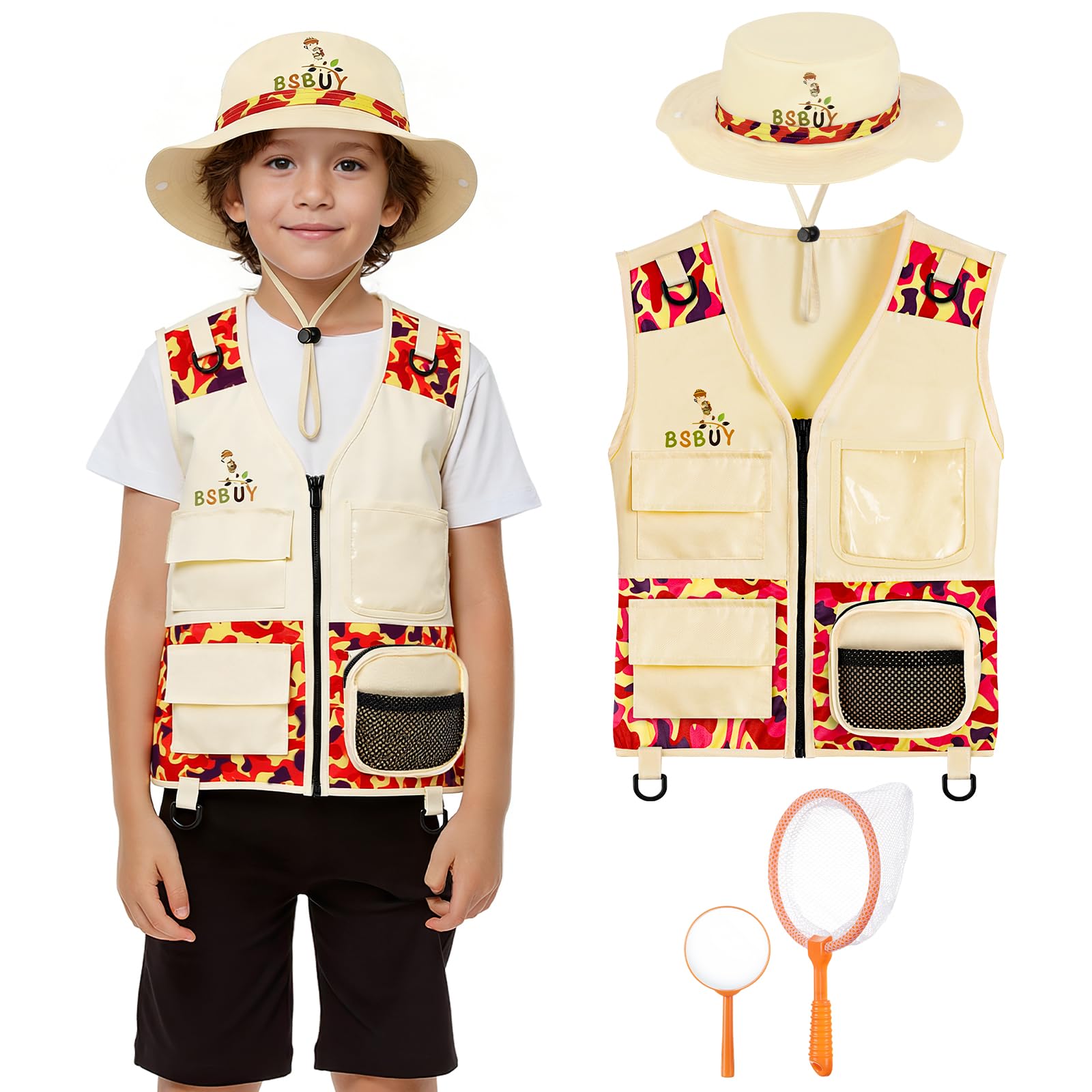 Kit d'exploration Enfants, 4Pcs Costume Explorateur Extérieur Camouflage avec Filet à Papillons et Loupe, Kit de Aventurier Extérieur, Cadeau d'exploration Nature pour Garçon Fille, Orange - 1